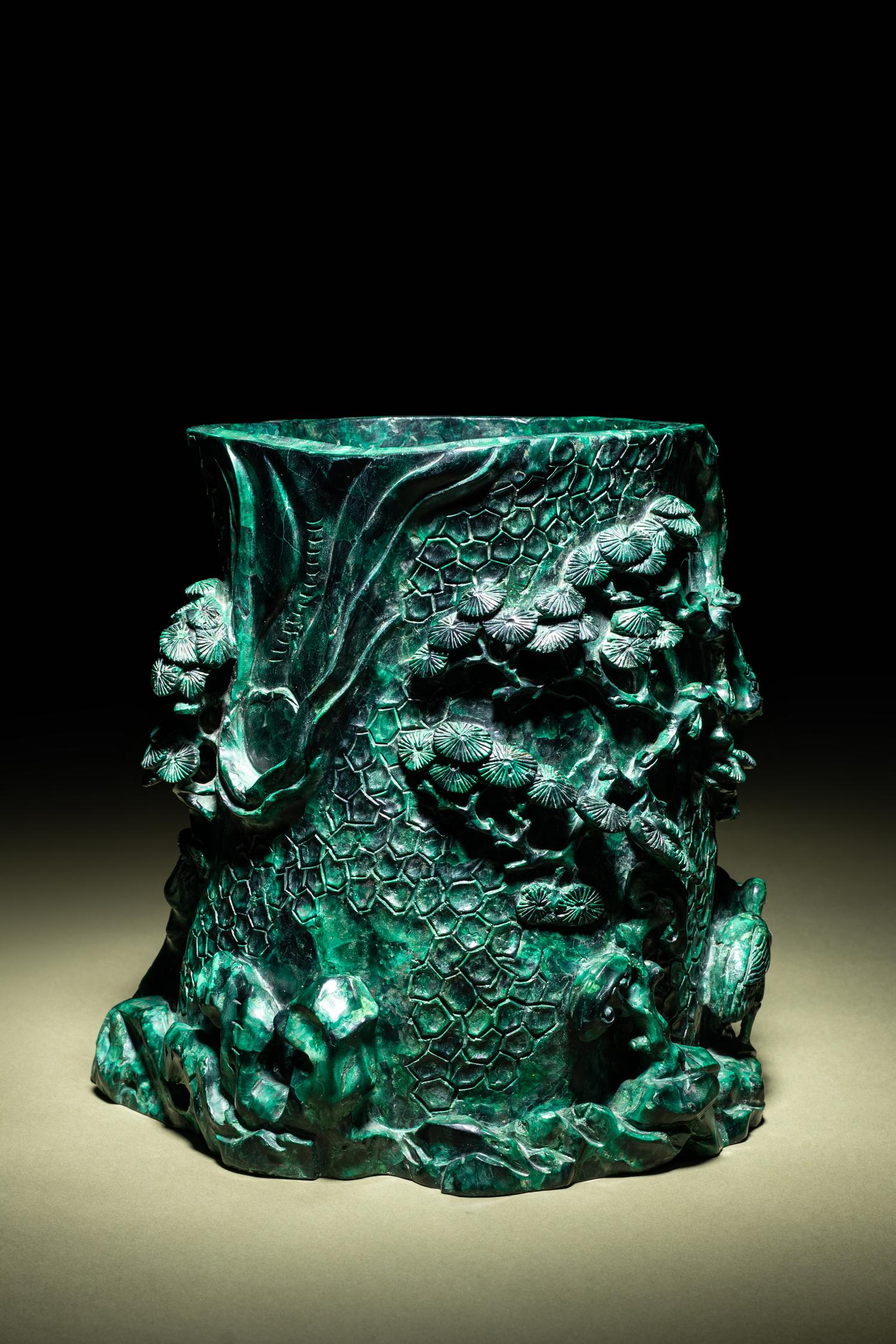 A Carved Malachite Brush Pot, Bitong
