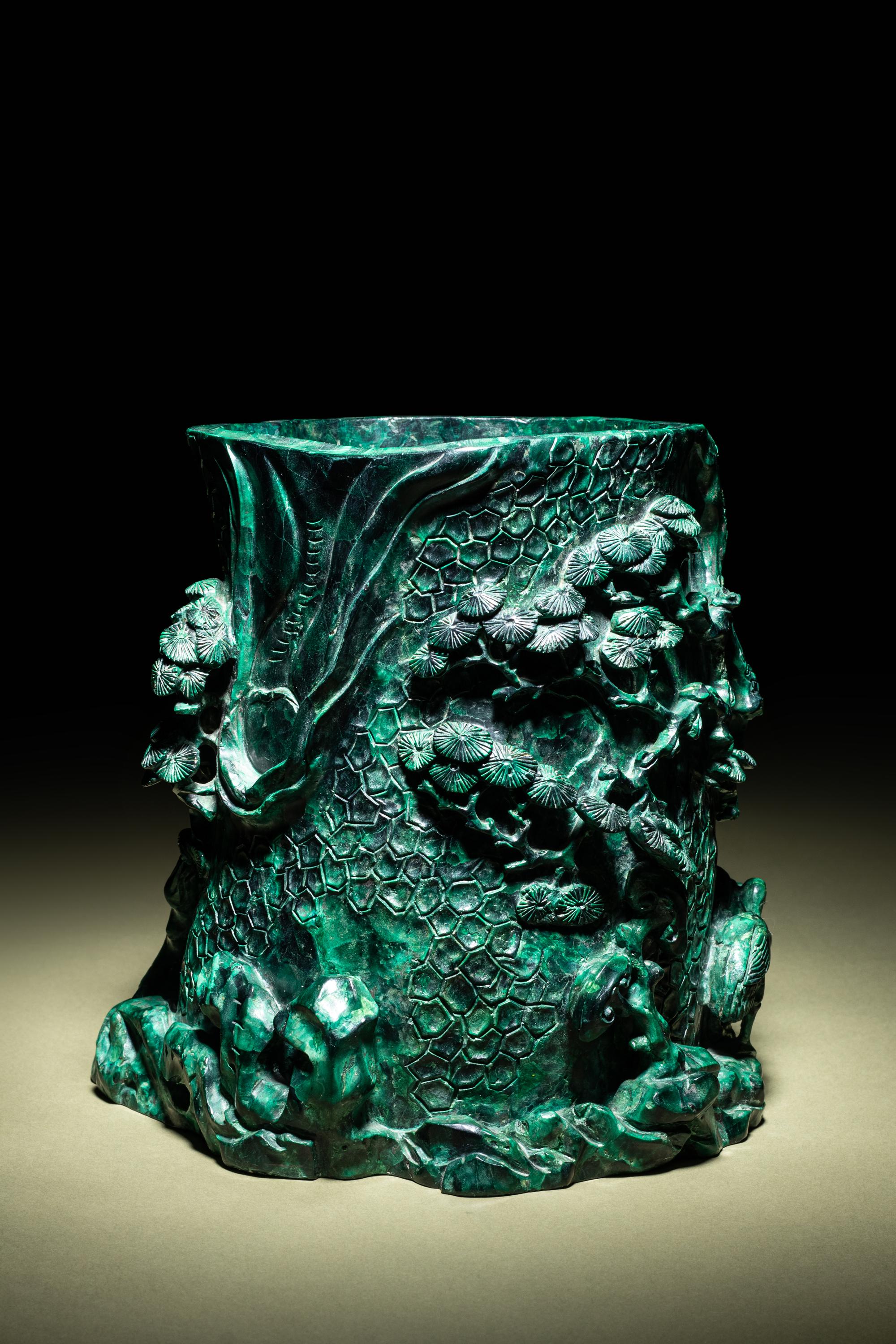 A Carved Malachite Brush Pot, Bitong