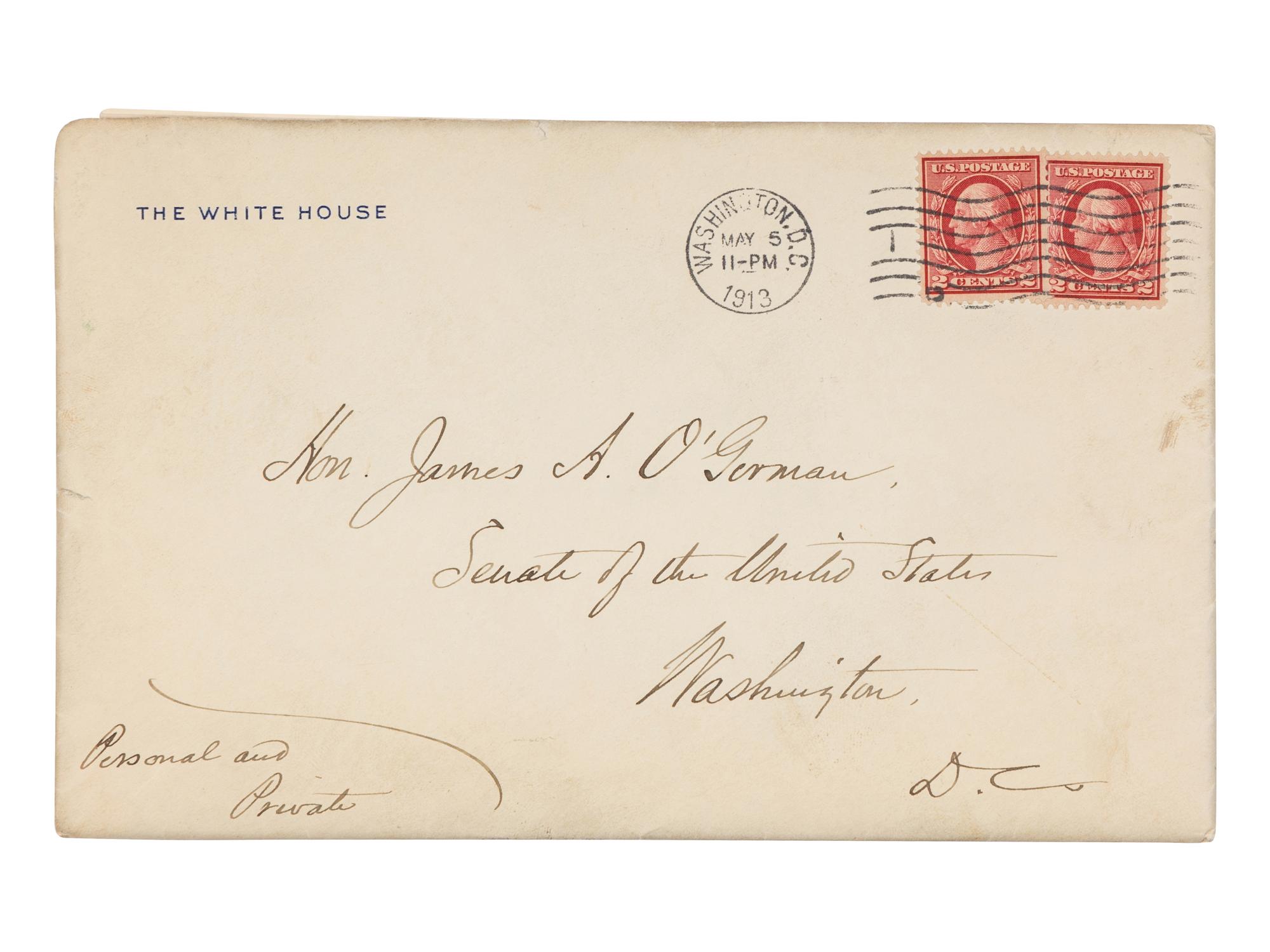 WILSON, Woodrow (1856-1924). Two autograph letters signed, as President, to Senator James A. O'Gorman, 20 April and 5 May 1913, regarding the appointment of the Collector of the Port of New York, comprising: