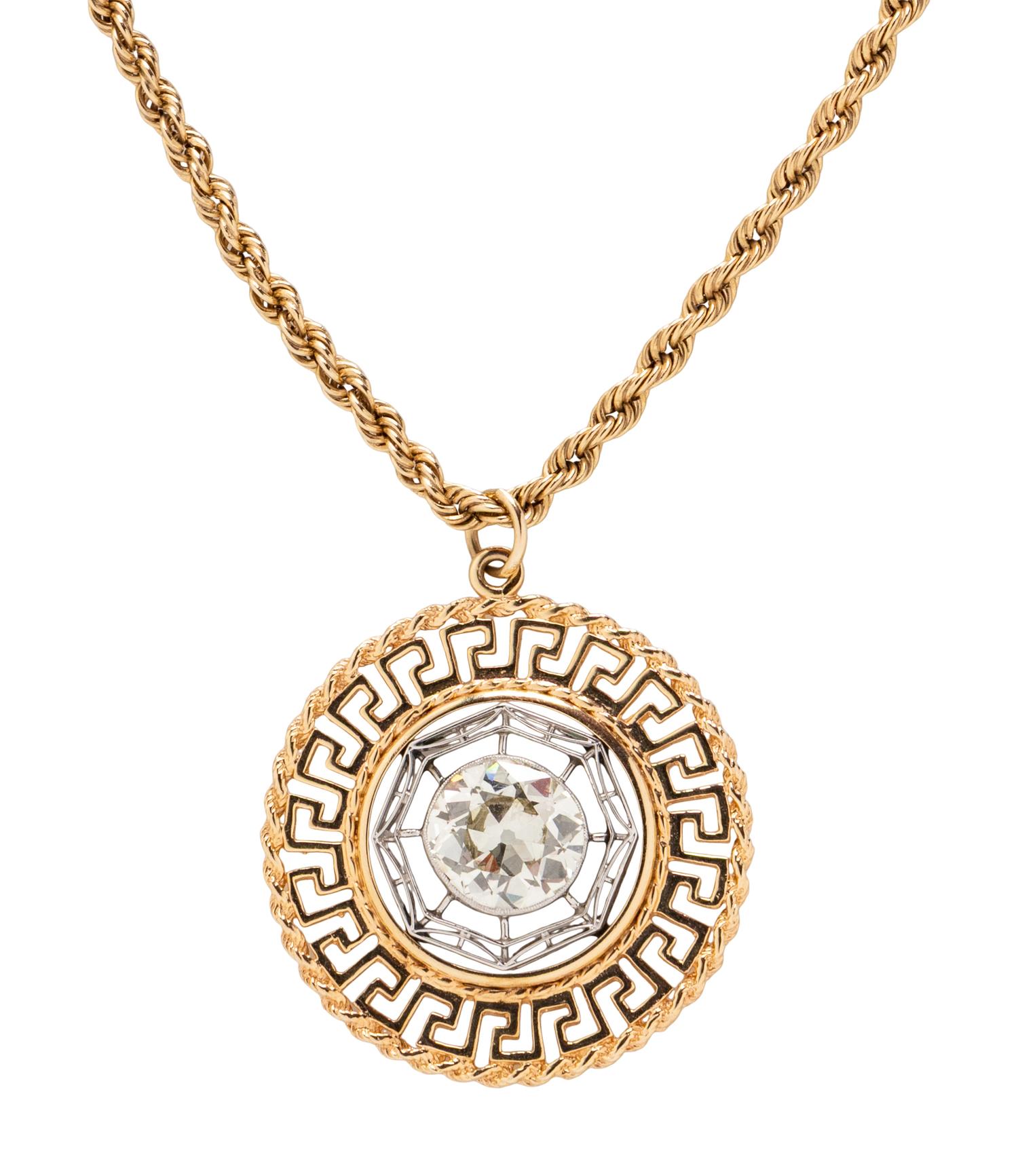 OLD EUROPEAN CUT DIAMOND AND YELLOW GOLD PENDANT NECKLACE
