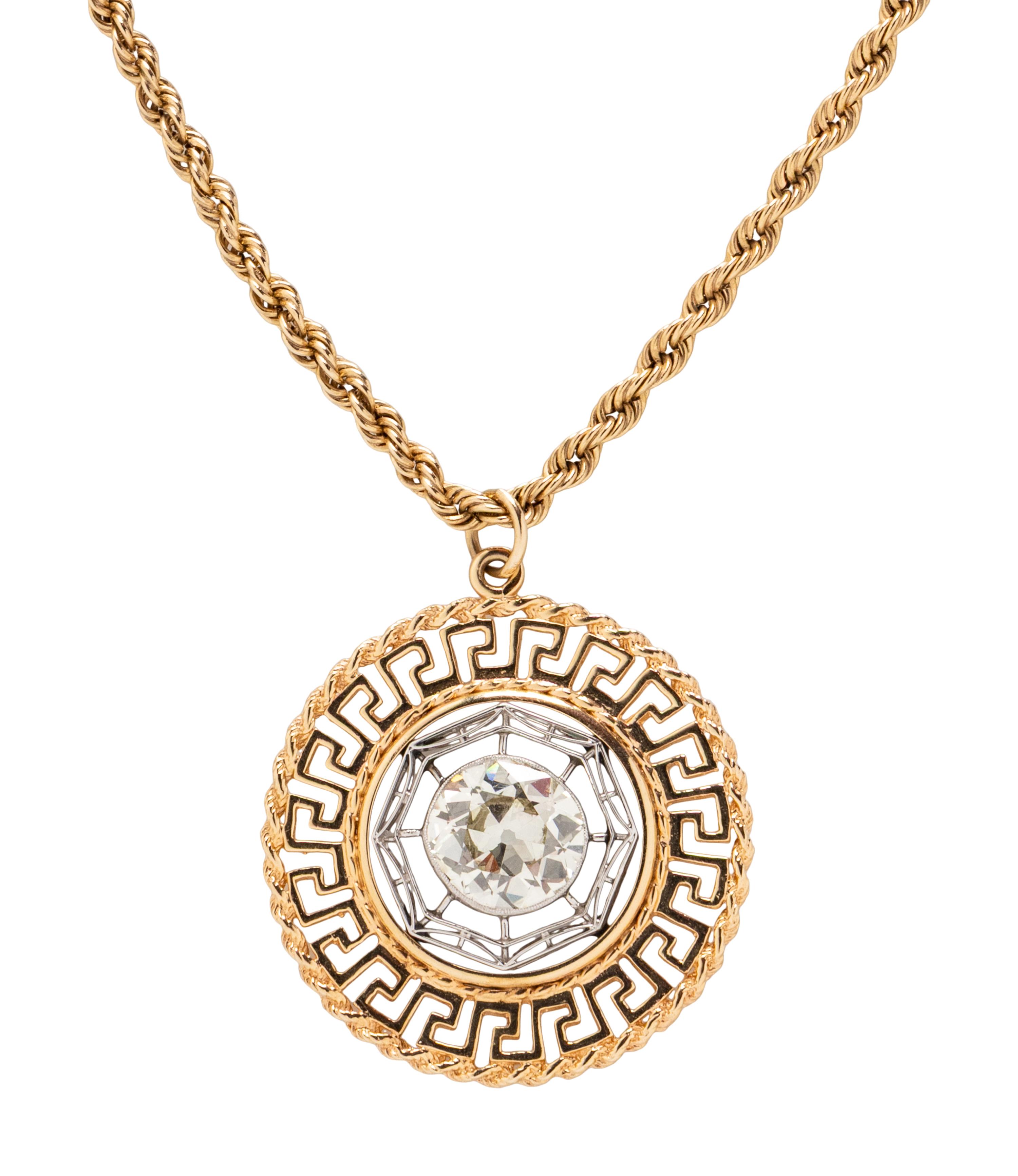 OLD EUROPEAN CUT DIAMOND AND YELLOW GOLD PENDANT NECKLACE