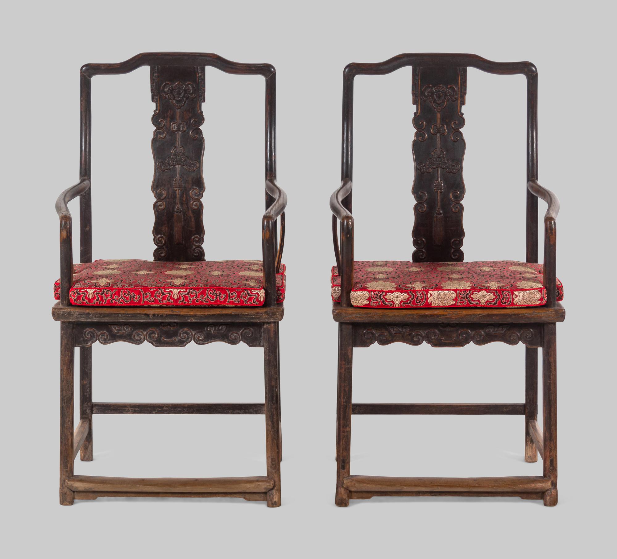 A Pair of Chinese Brown Lacquered Elmwood Scholar's Armchairs, Guanmaoyi