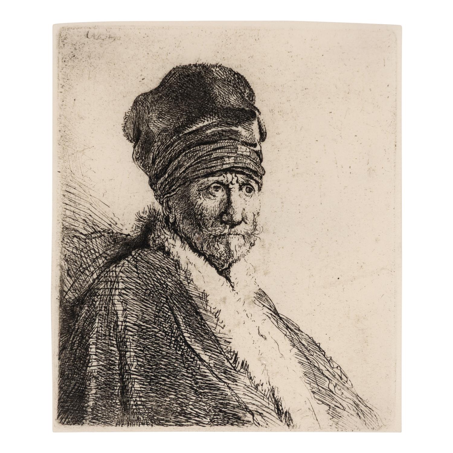 Rembrandt van Rijn (Dutch, 1606–1669) — Bust of a Man Wearing a High Cap, Three-Quarters Right , 1630