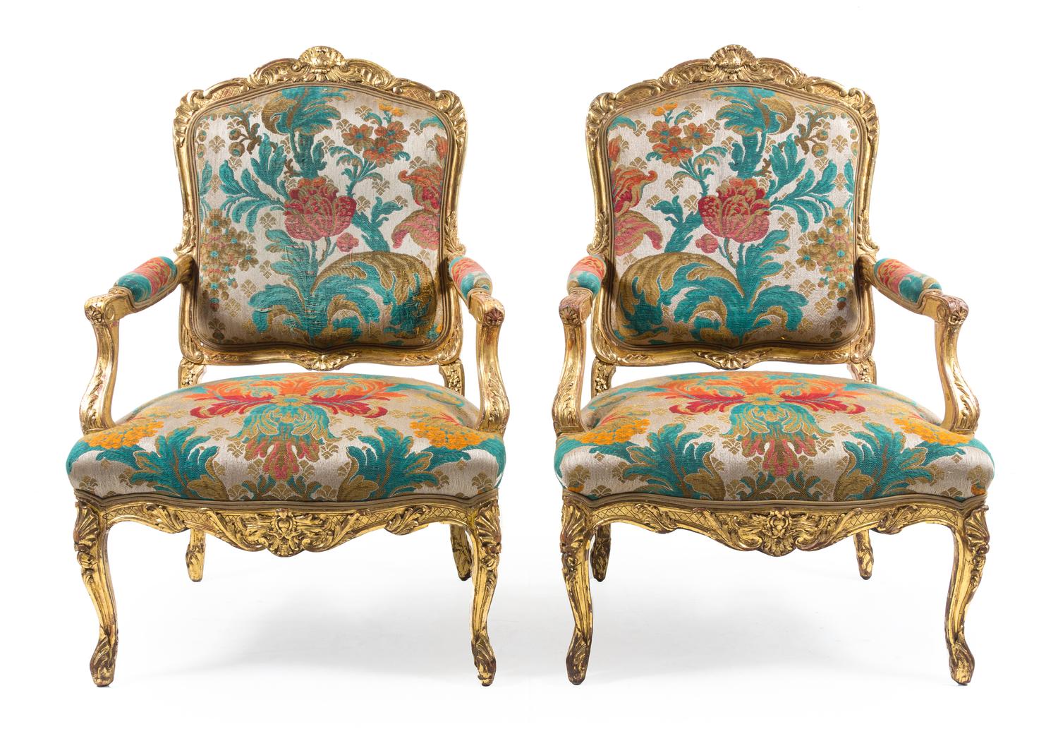 A Pair of Louis XV Style Giltwood Fauteuils — 19TH CENTURY