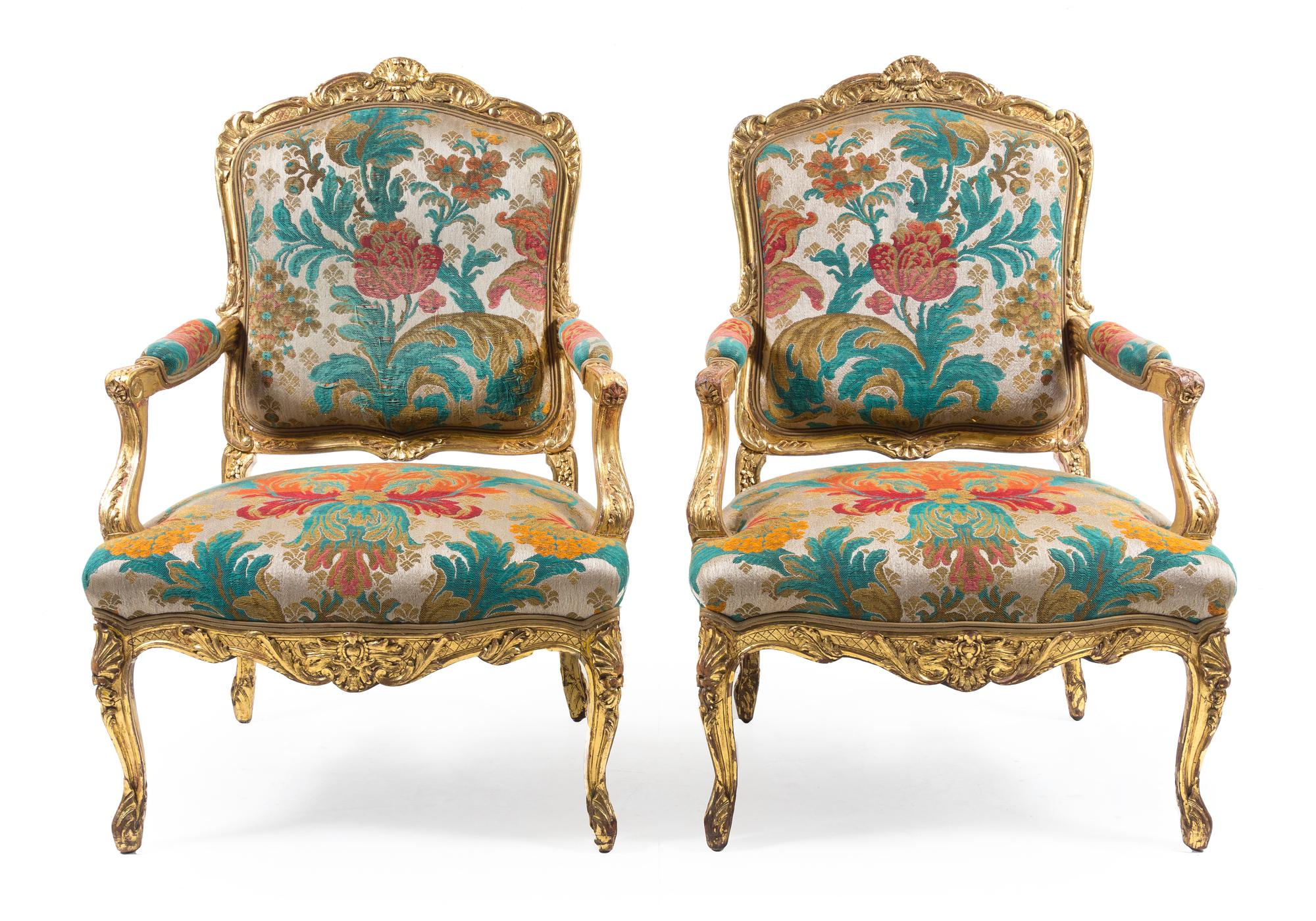 A Pair of Louis XV Style Giltwood Fauteuils — 19TH CENTURY