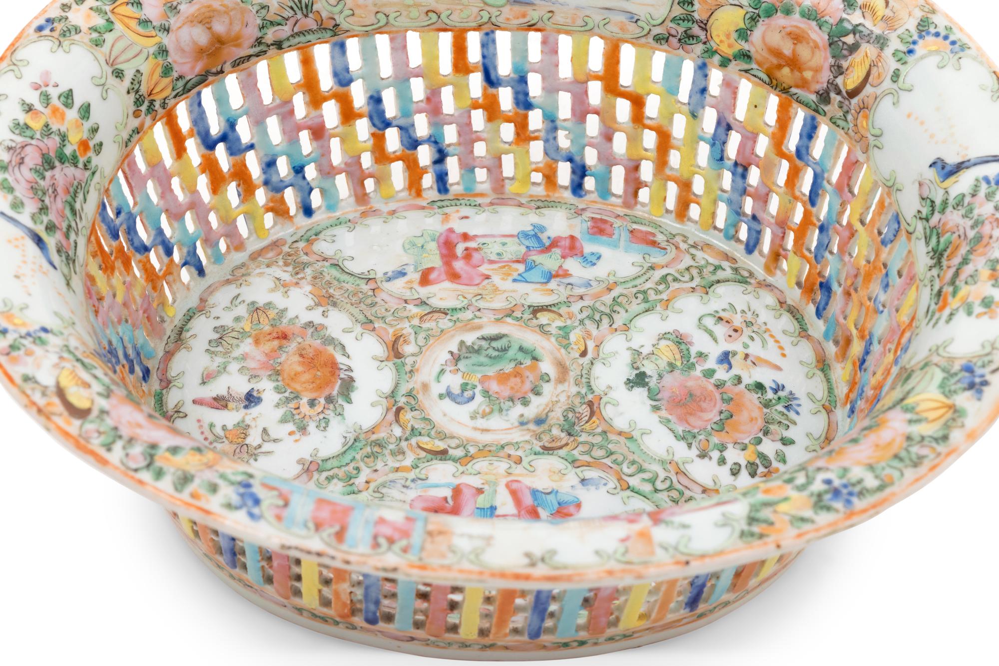A Chinese Rose Medallion Reticulated Porcelain Basket and Underplate