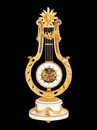 A French Gilt Bronze and Marble Lyre-Form Clock, Bourdier