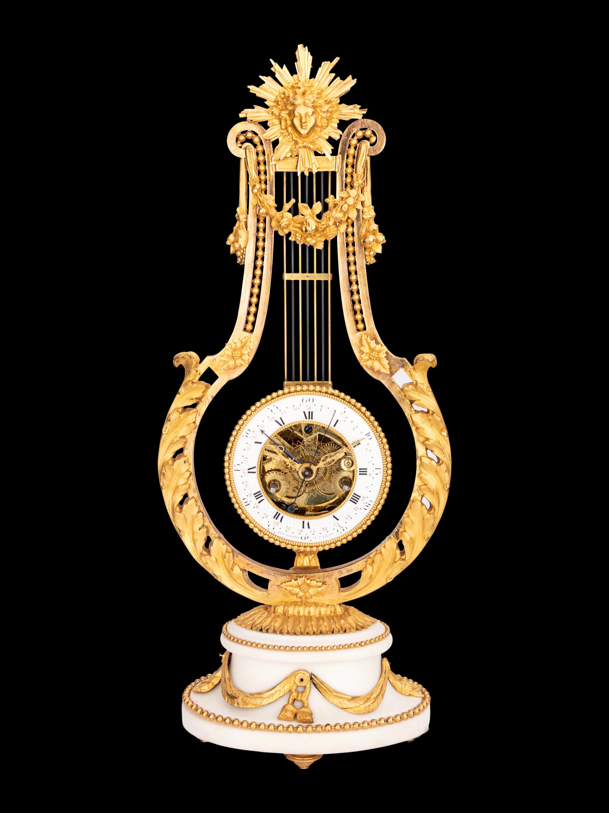 A French Gilt Bronze and Marble Lyre-Form Clock, Bourdier