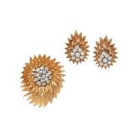 RETRO, YELLOW GOLD AND DIAMOND BROOCH AND EARRINGS
