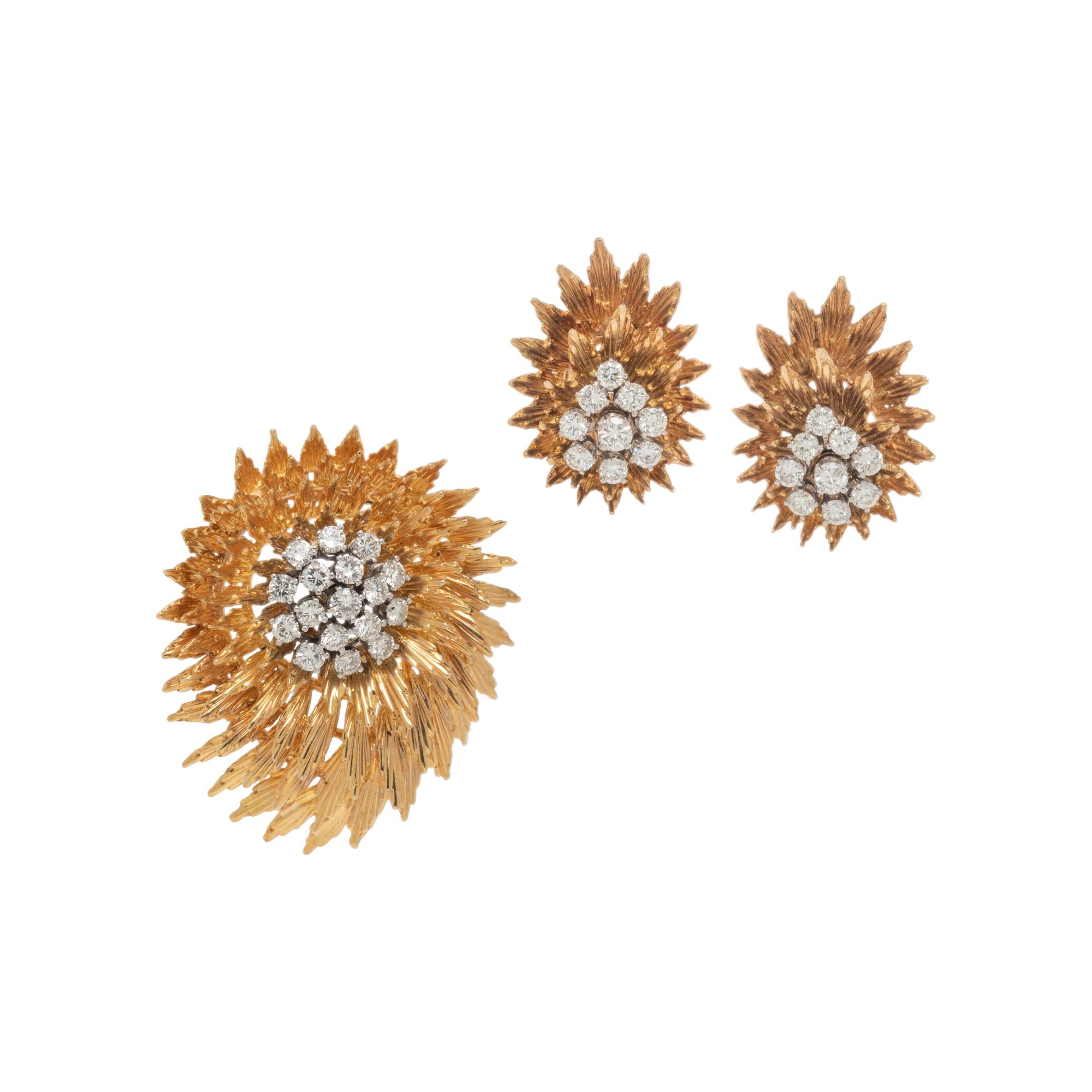 RETRO, YELLOW GOLD AND DIAMOND BROOCH AND EARRINGS
