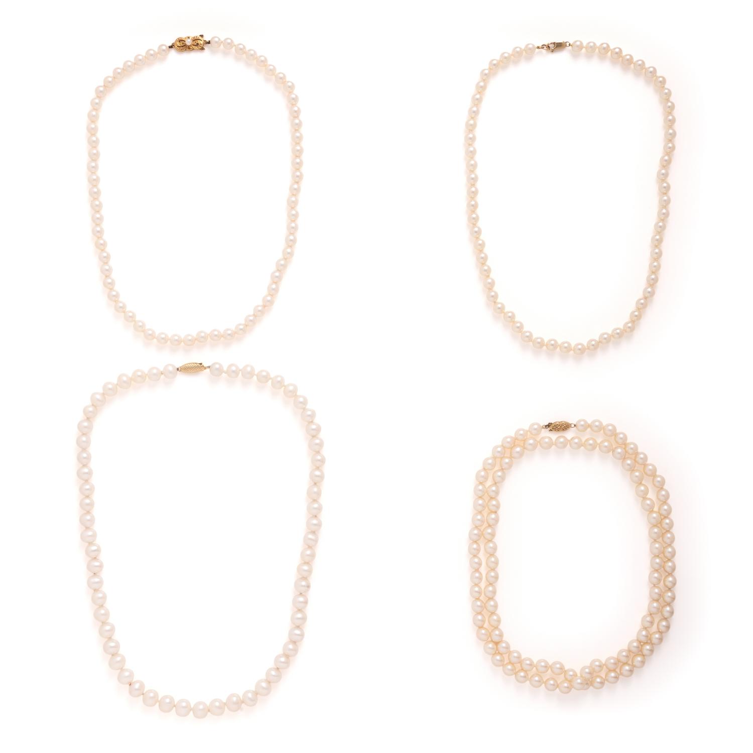 Collection of Four Cultured Pearl and Yellow Gold Necklaces