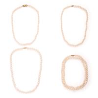Collection of Four Cultured Pearl and Yellow Gold Necklaces