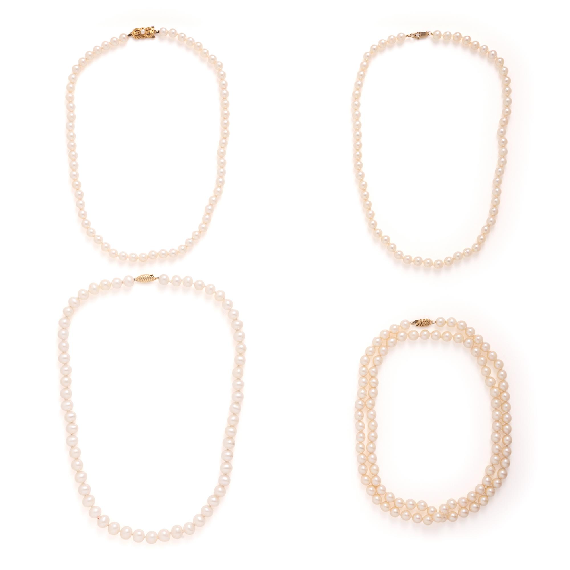 Collection of Four Cultured Pearl and Yellow Gold Necklaces