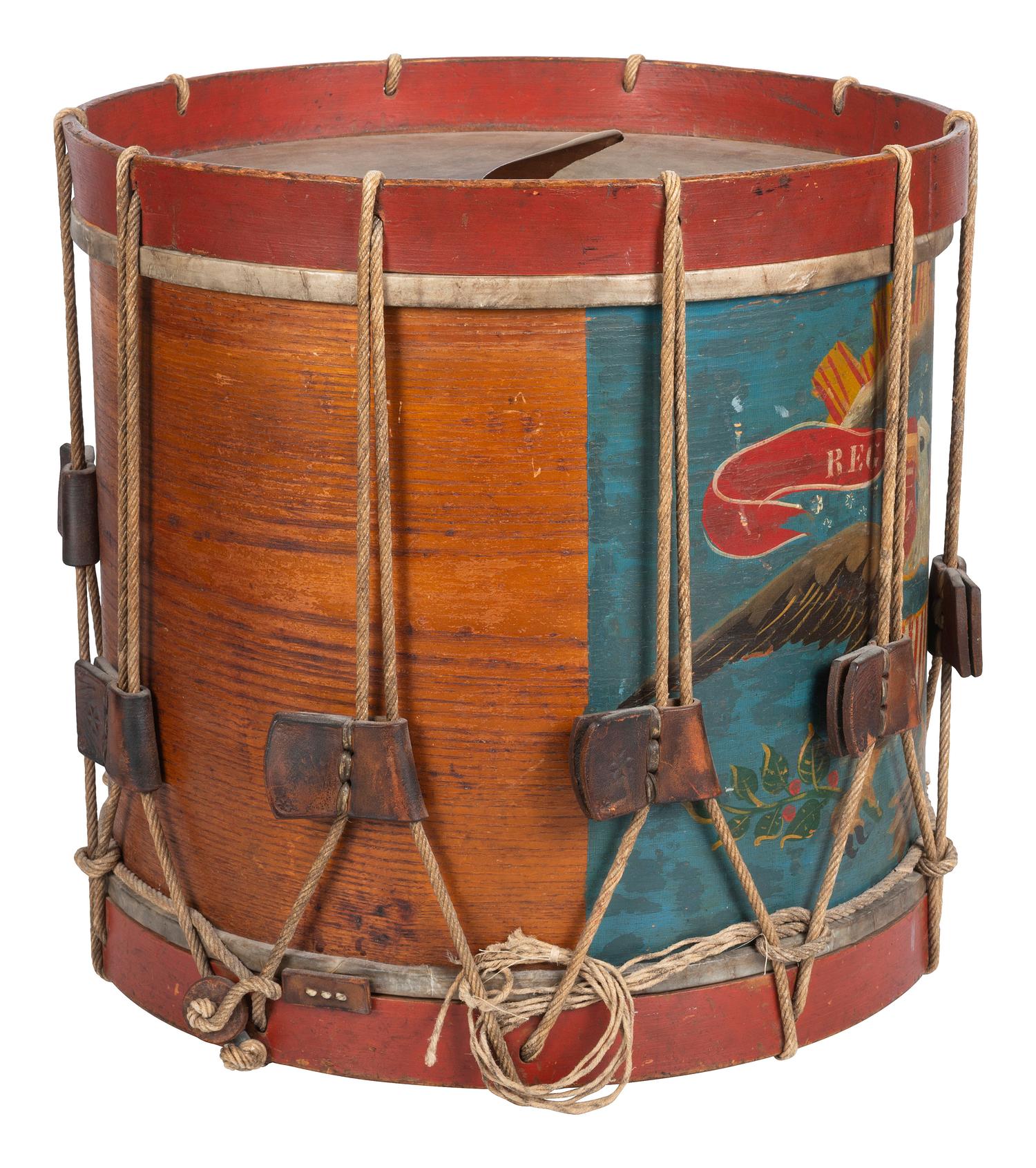 [CIVIL WAR]. Regulation US Infantry hand-painted snare drum. Attributed manufacture to Charles E. Town, Bath, ME.