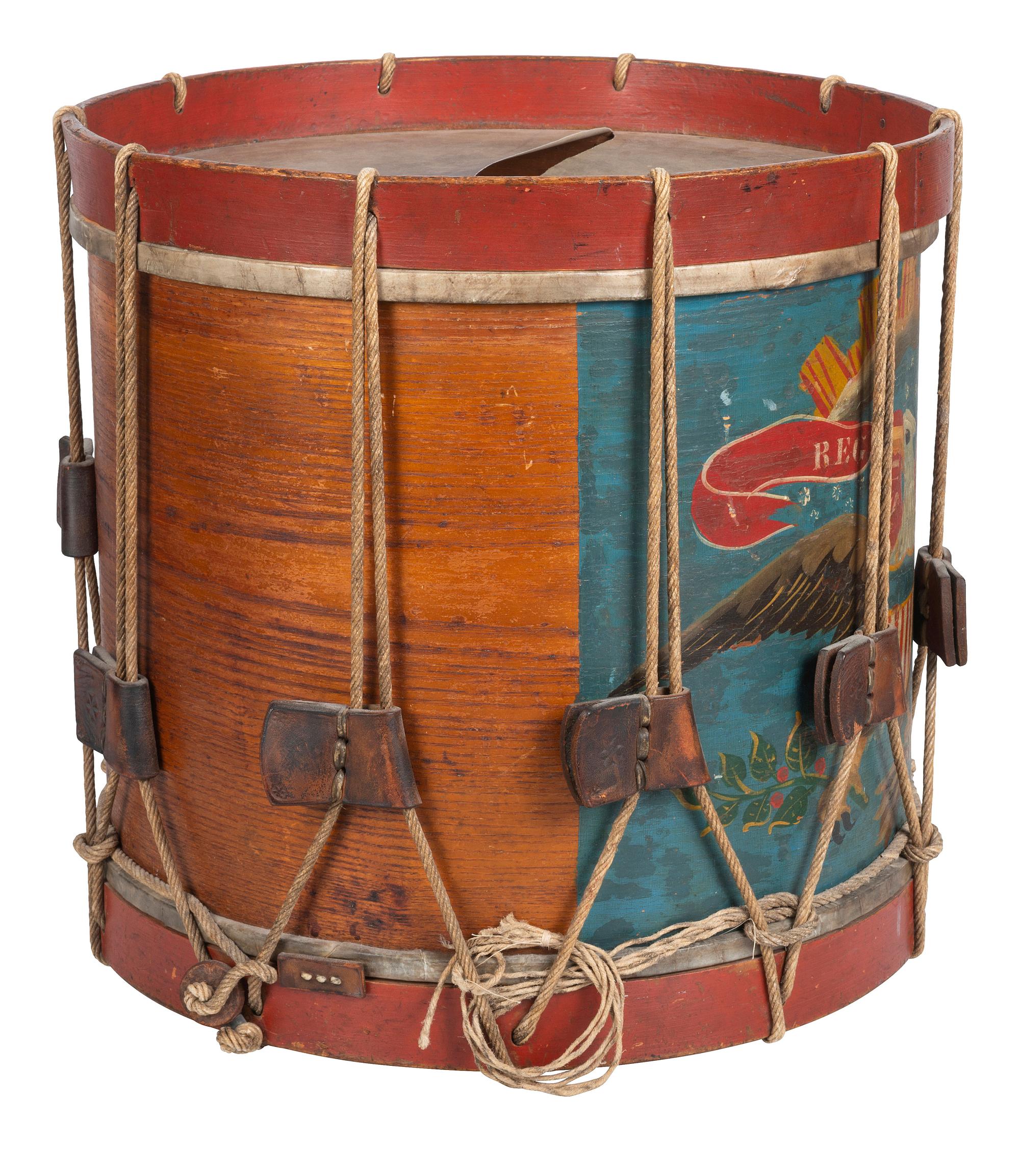 [CIVIL WAR]. Regulation US Infantry hand-painted snare drum. Attributed manufacture to Charles E. Town, Bath, ME.