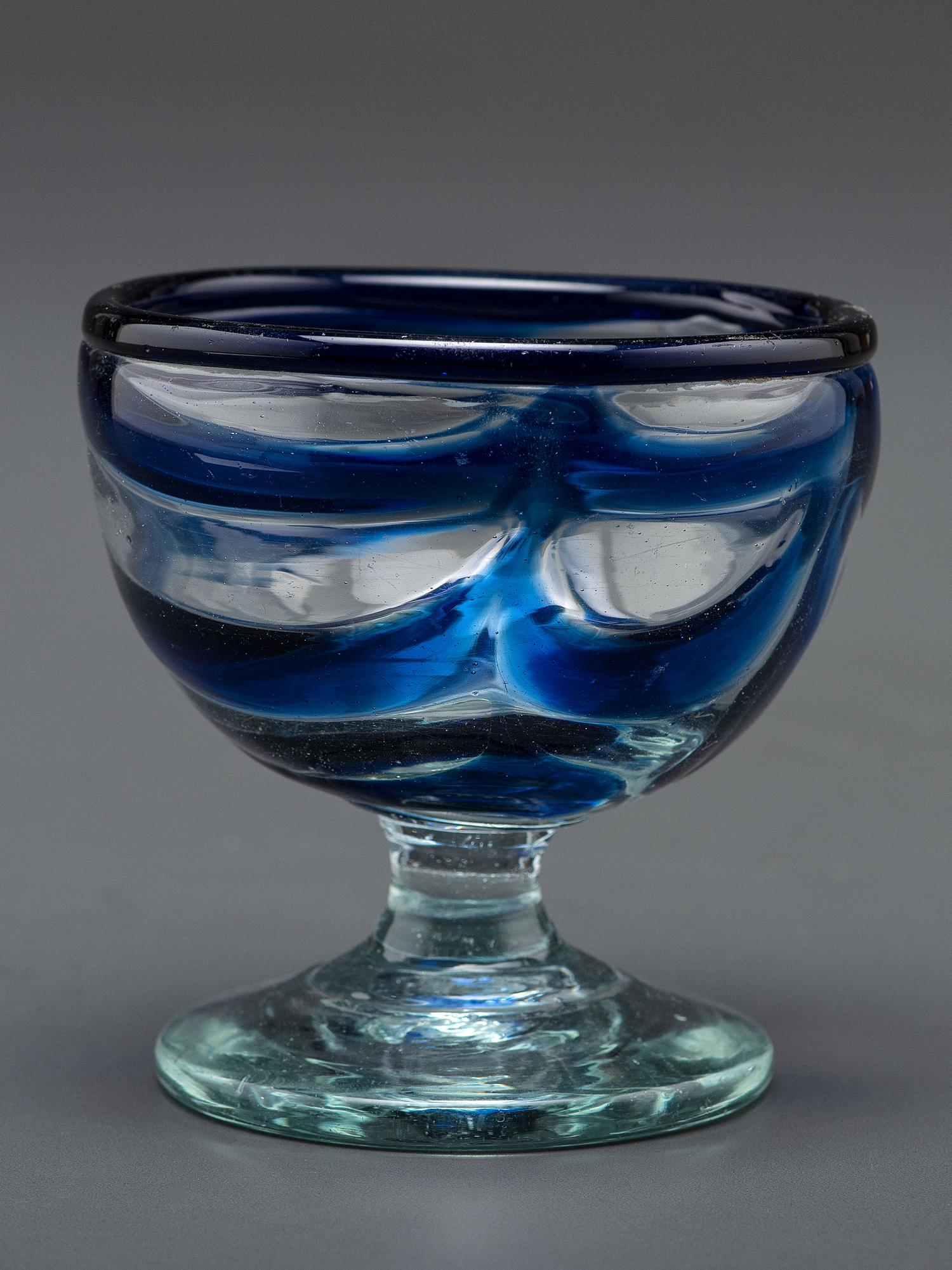 A South Jersey-Type Footed Eating Bowl in Clear and Cobalt Blue