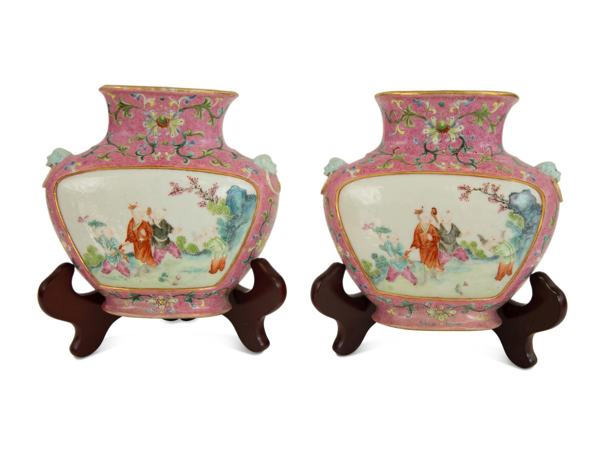 A Pair of Famille Rose Porcelain Wall Pockets