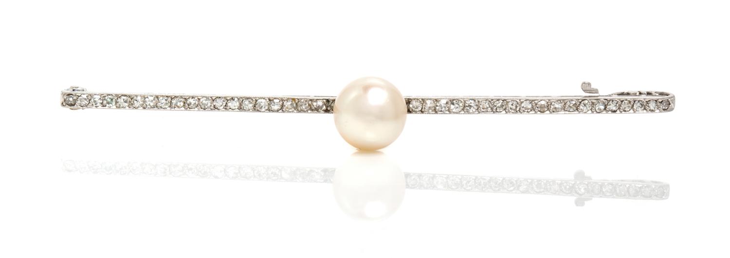 A Platinum, Diamond and Cultured Pearl Bar Pin, 4.05 dwts.