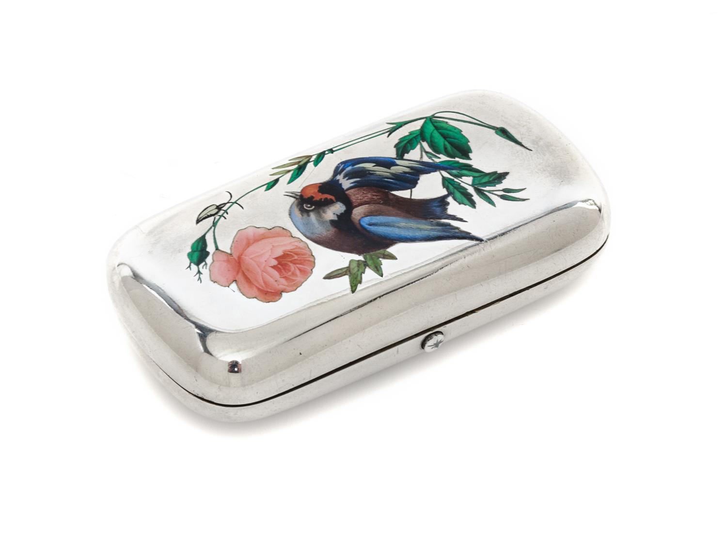 A Russian Silver and Enamel Cigarette Case, Maker's mark obscured, Moscow, 1878, the case decorated with painted birds and floral spray