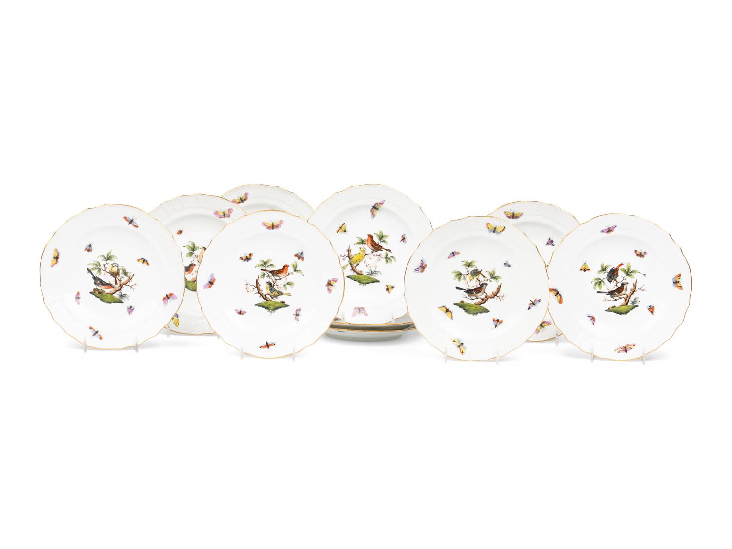 A Set of Ten Herend Rothschild Bird Porcelain Salad Plates