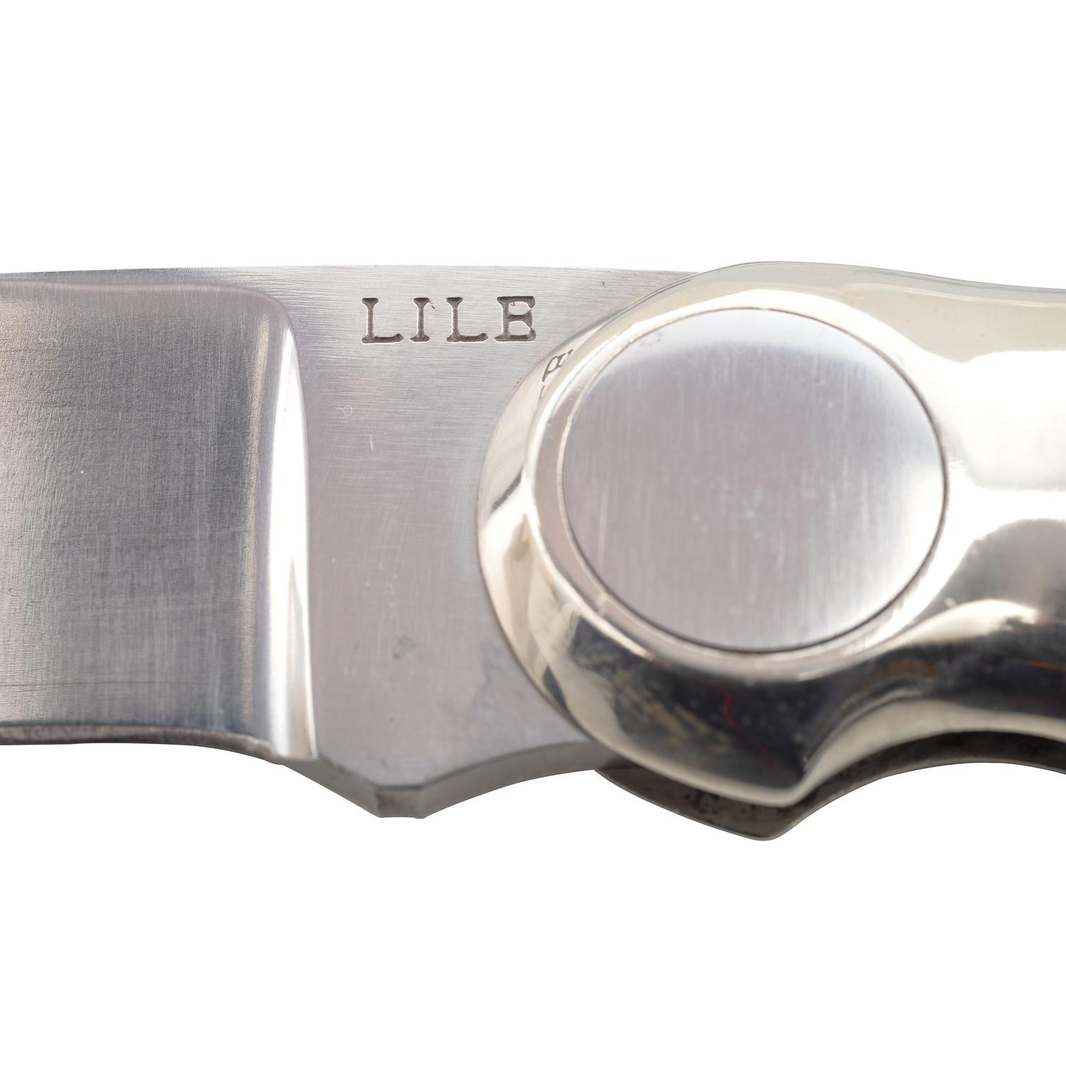 Jimmy Lile Button Lock Folding Knife with Staghorn Grips, No Dot Mark, and Engraved Patent Mark
