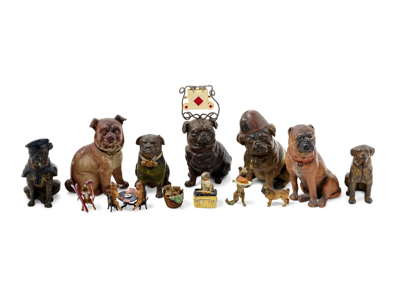 A Collection of Painted Bronze and Ceramic Models of Pugs