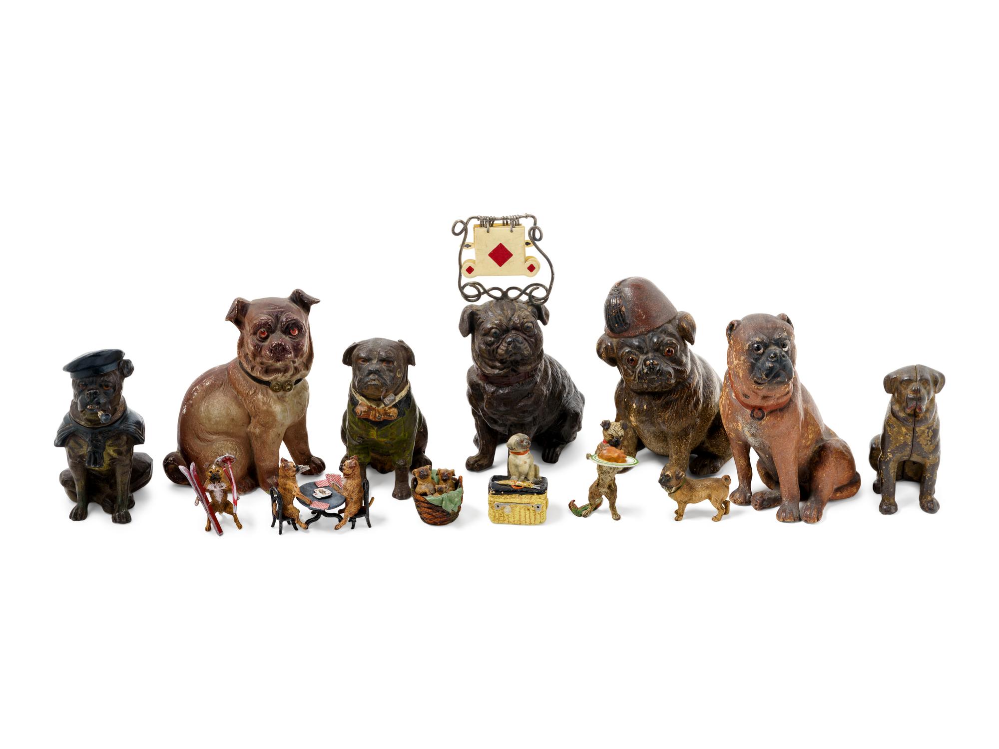A Collection of Painted Bronze and Ceramic Models of Pugs