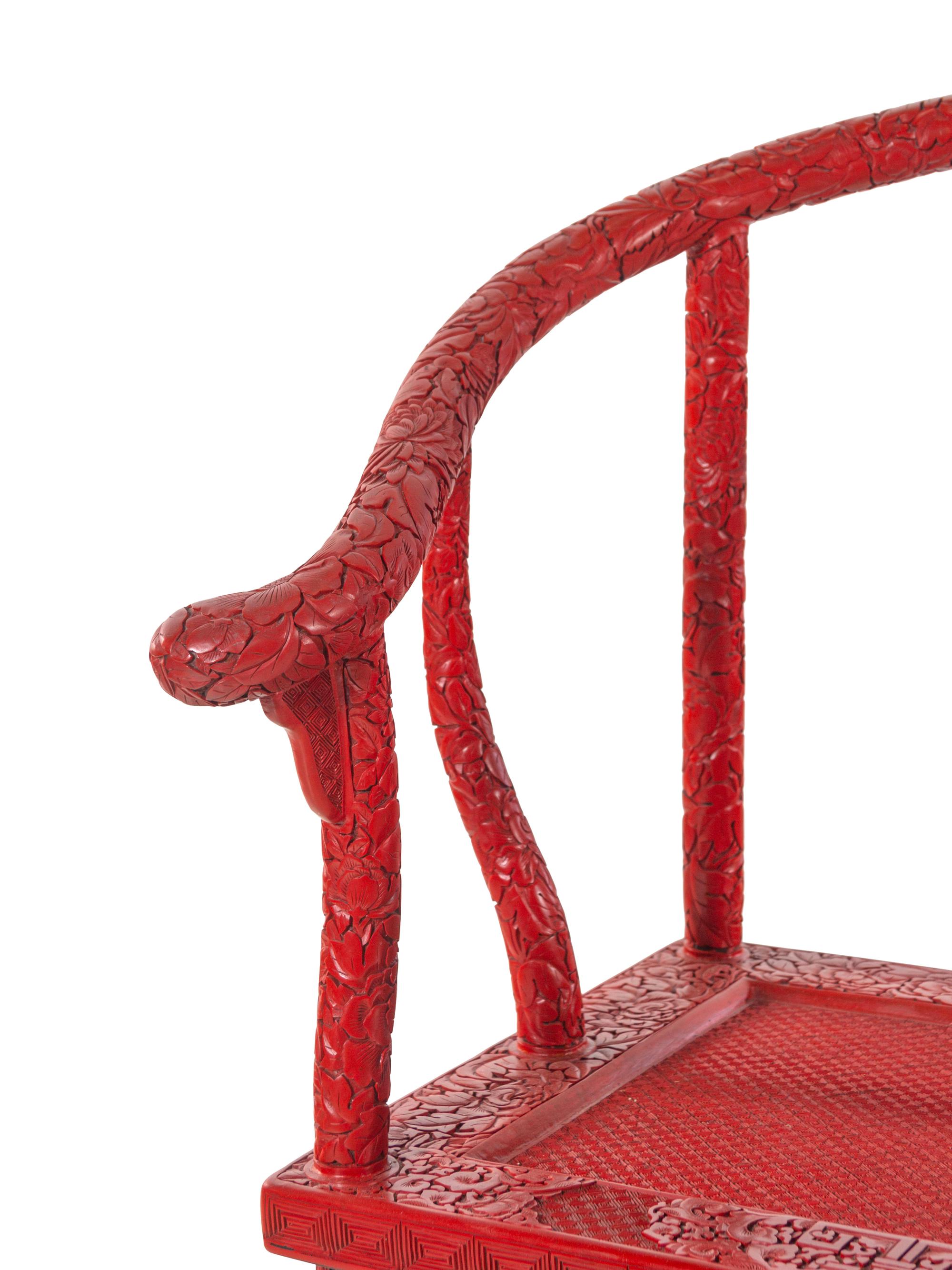 A Pair of Chinese Export Carved Red Lacquer Armchairs
