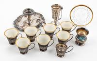 Eight American Silver Demitasse Cups, Gorham, 20TH CENTURY, seven with Lenox porcelain liners; together with a silver-plate chamber sti