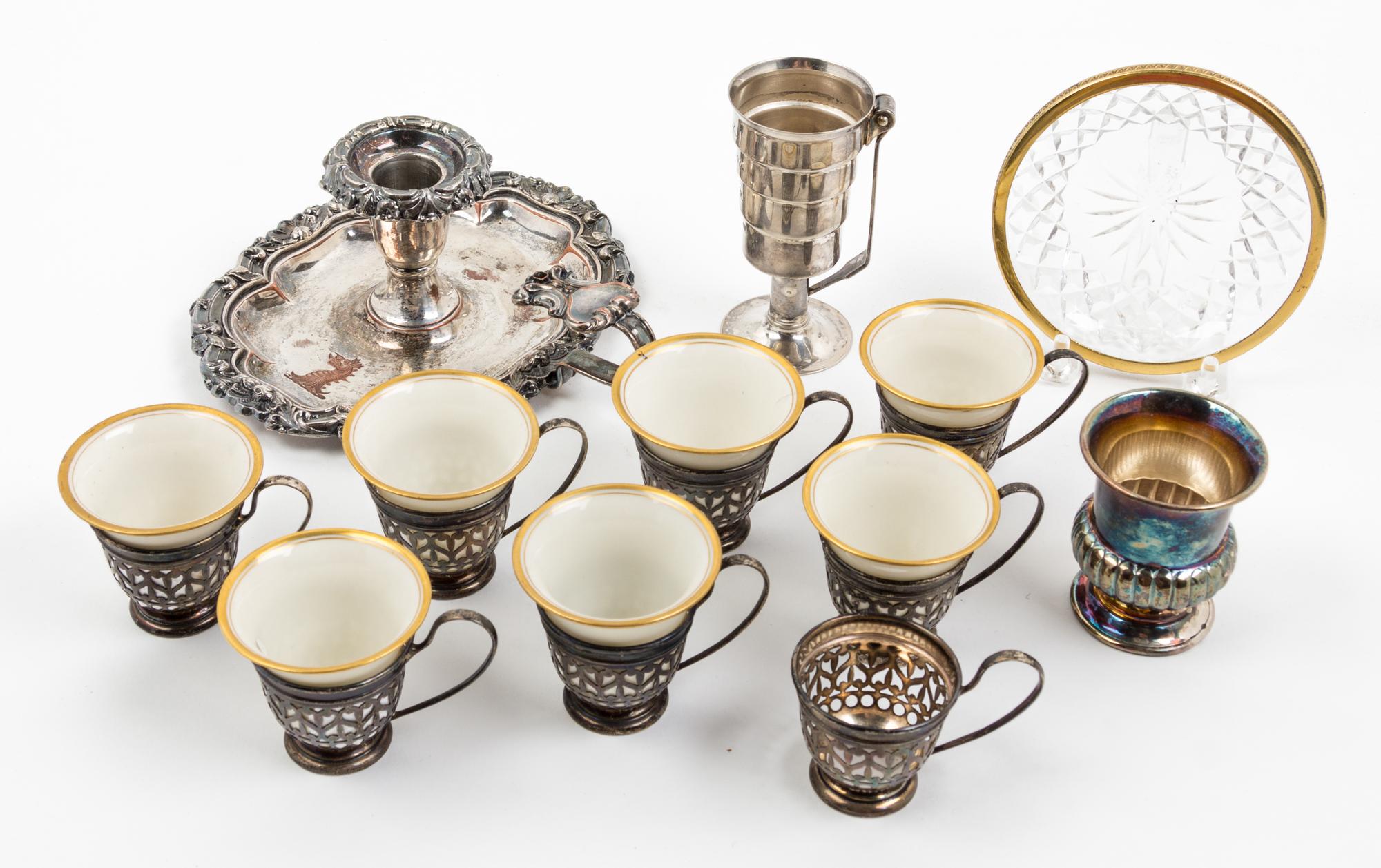 Eight American Silver Demitasse Cups, Gorham, 20TH CENTURY, seven with Lenox porcelain liners; together with a silver-plate chamber sti