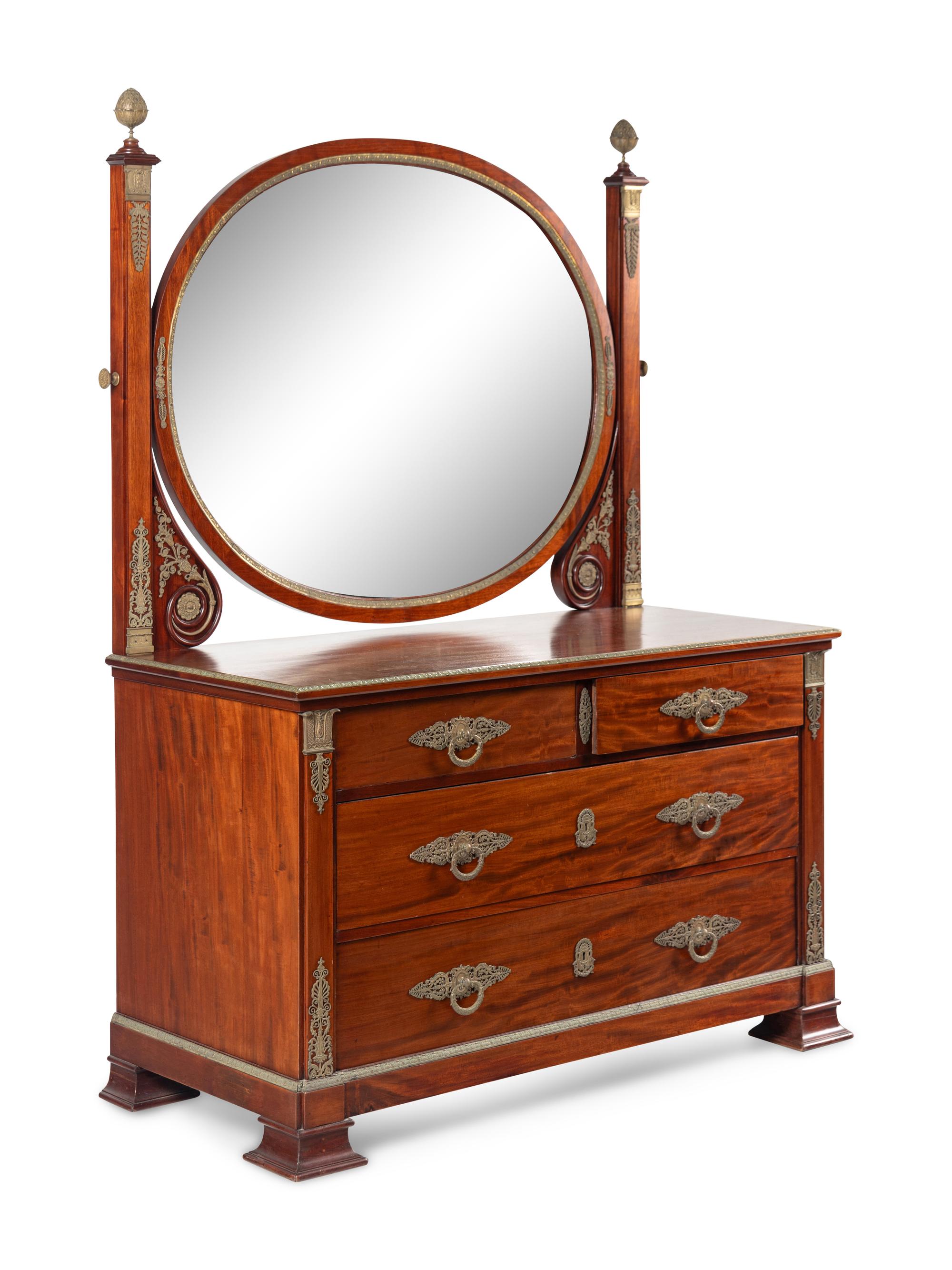 An Empire Style Gilt Bronze Mounted Mahogany Chest of Drawers with Dressing Mirror