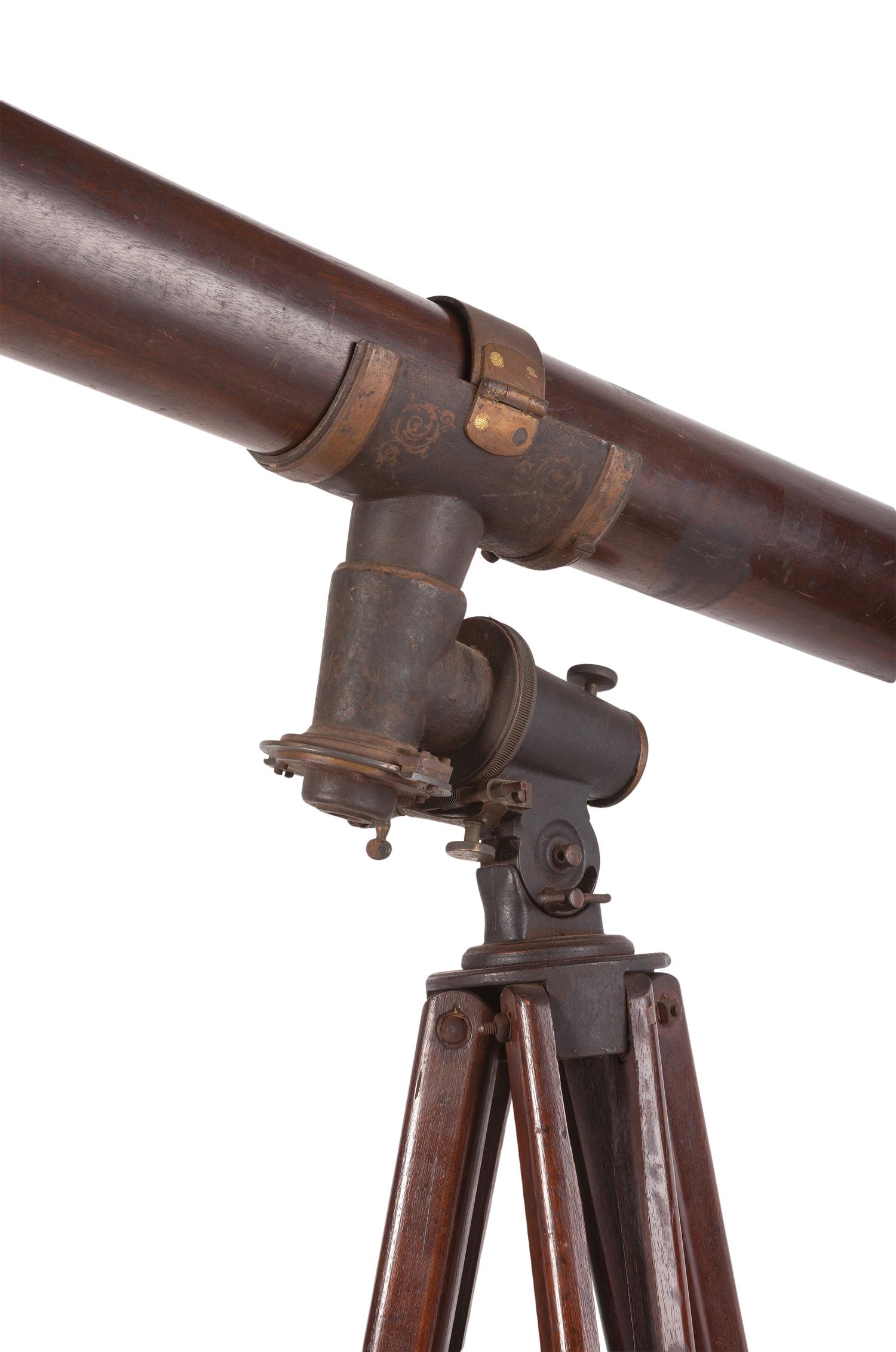 H.G. Fitz 4 1/8 inch telescope and tripod. Length of body tube 53 in. 19th century.
