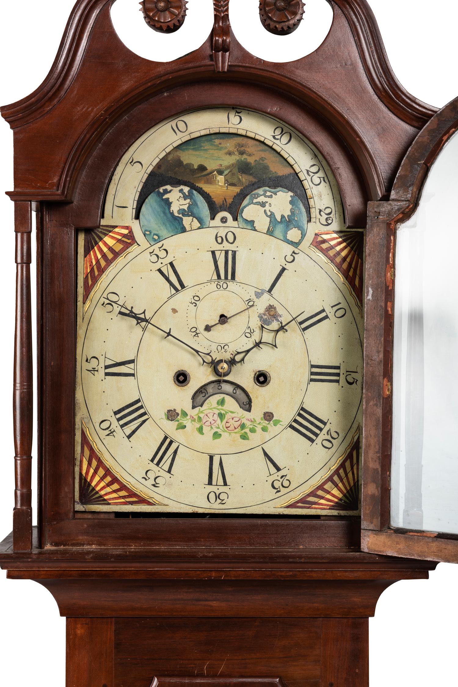A Federal Carved Cherrywood Tall Case Clock