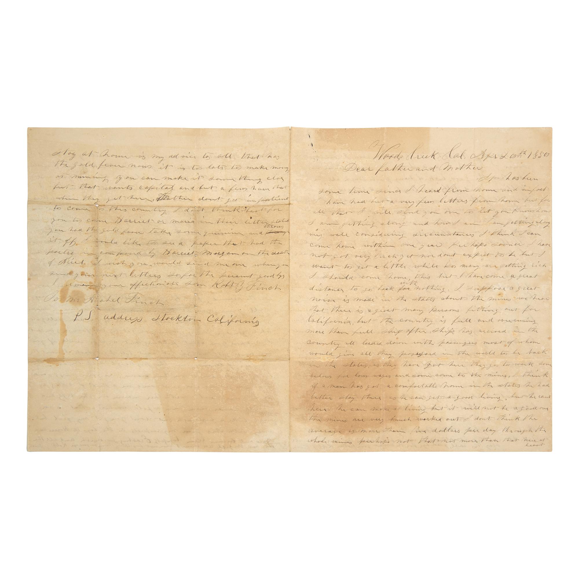 [Gold Rush] Finch, Robert. Autograph letter, signed
