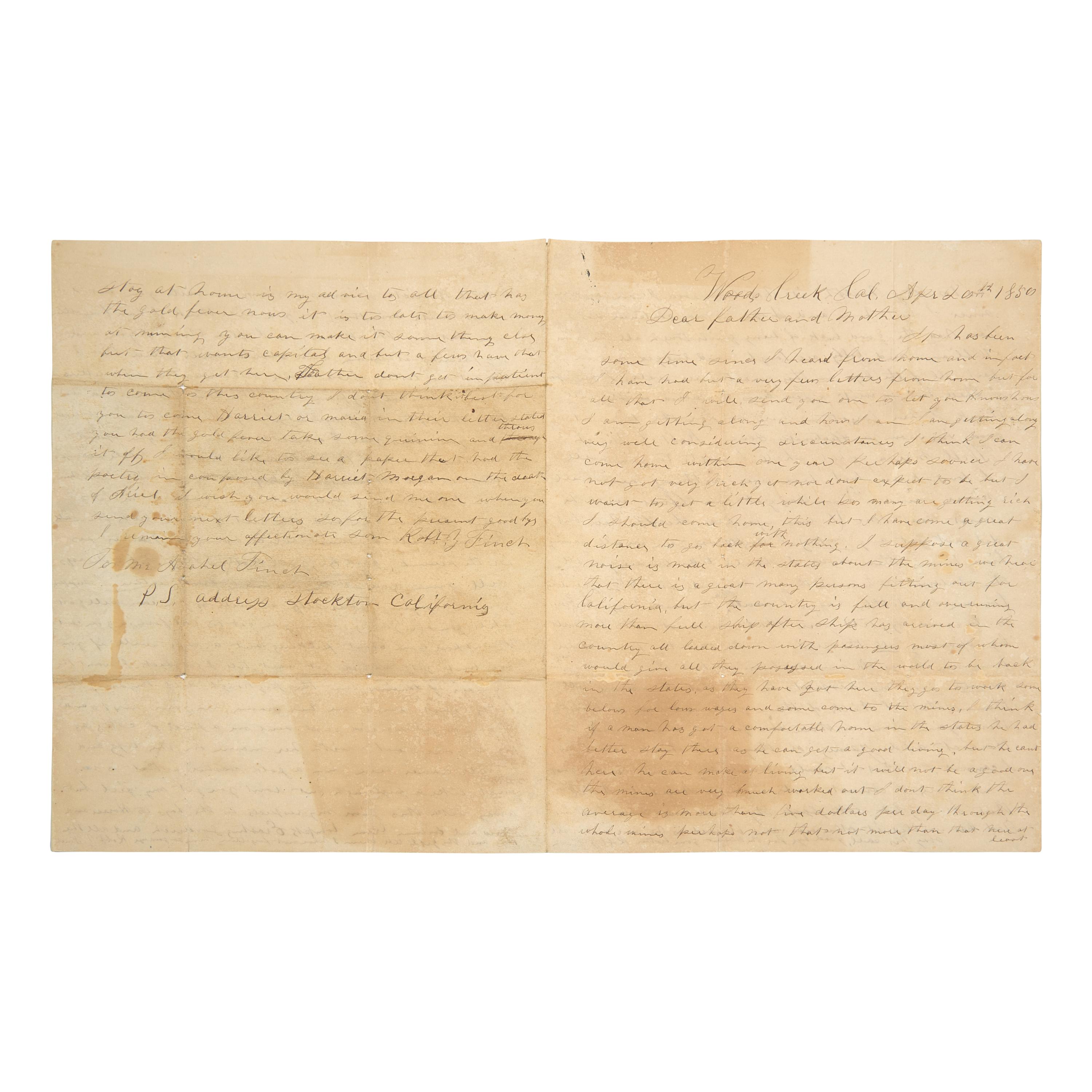 [Gold Rush] Finch, Robert. Autograph letter, signed