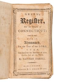 NABOLL, Nathan. Green's Register for the State of Connecticut: With an Almanack, For the Year of our Lord, 1790. Calculated for the Meridian of New-London, Lat. 41.23. North . New London: T. Green & Son, [1790].