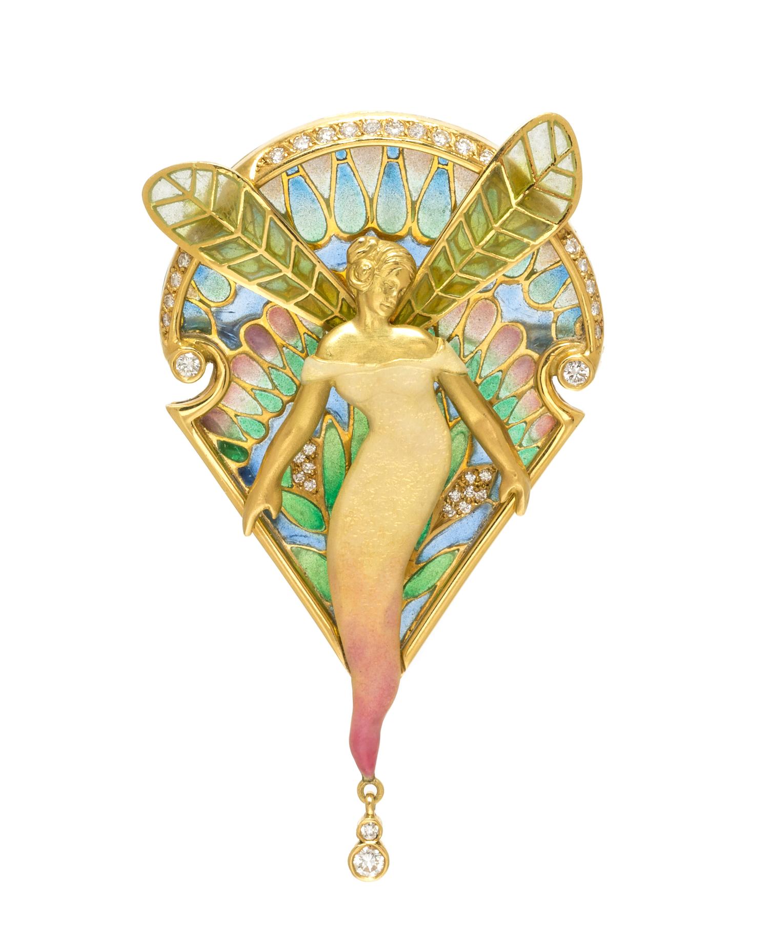 An 18 Karat Yellow Gold, Plique-a-Jour Enamel and Diamond Pendant/Brooch, Nouveau 1910, 13.00 dwts.
