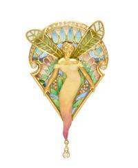An 18 Karat Yellow Gold, Plique-a-Jour Enamel and Diamond Pendant/Brooch, Nouveau 1910, 13.00 dwts.