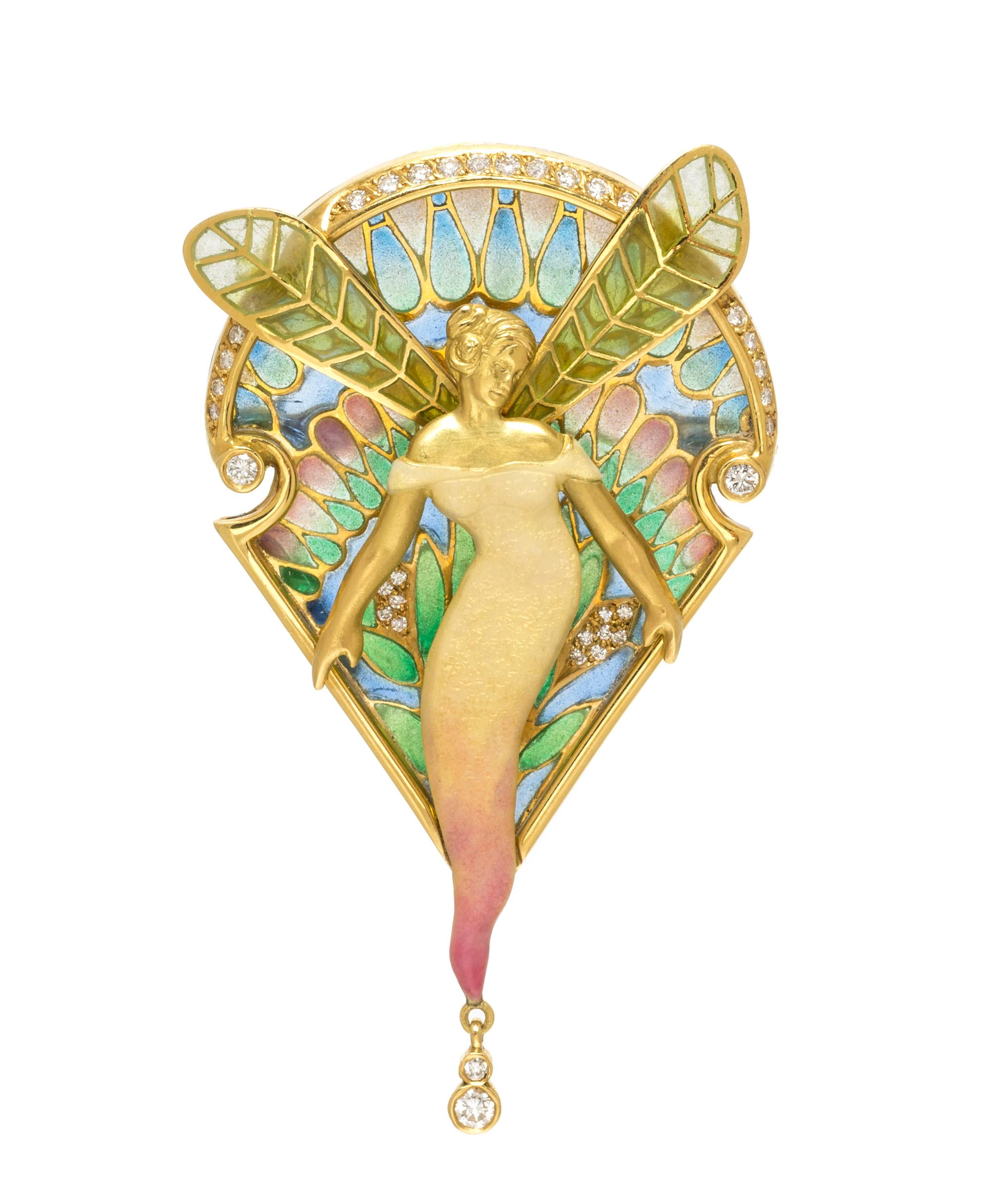 An 18 Karat Yellow Gold, Plique-a-Jour Enamel and Diamond Pendant/Brooch, Nouveau 1910, 13.00 dwts.