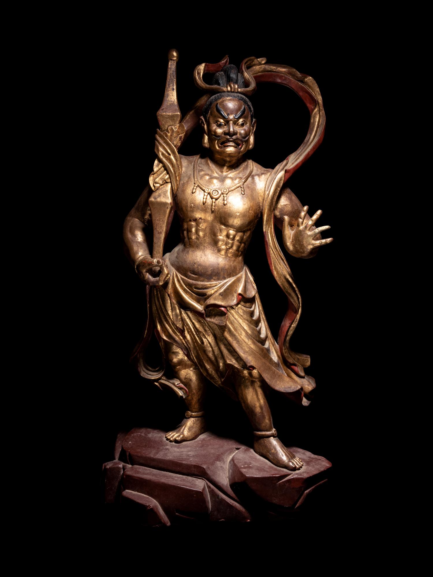 A Pair of Gilt and Red Lacquered Wood Figures of Guardians