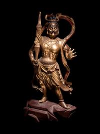 A Pair of Gilt and Red Lacquered Wood Figures of Guardians