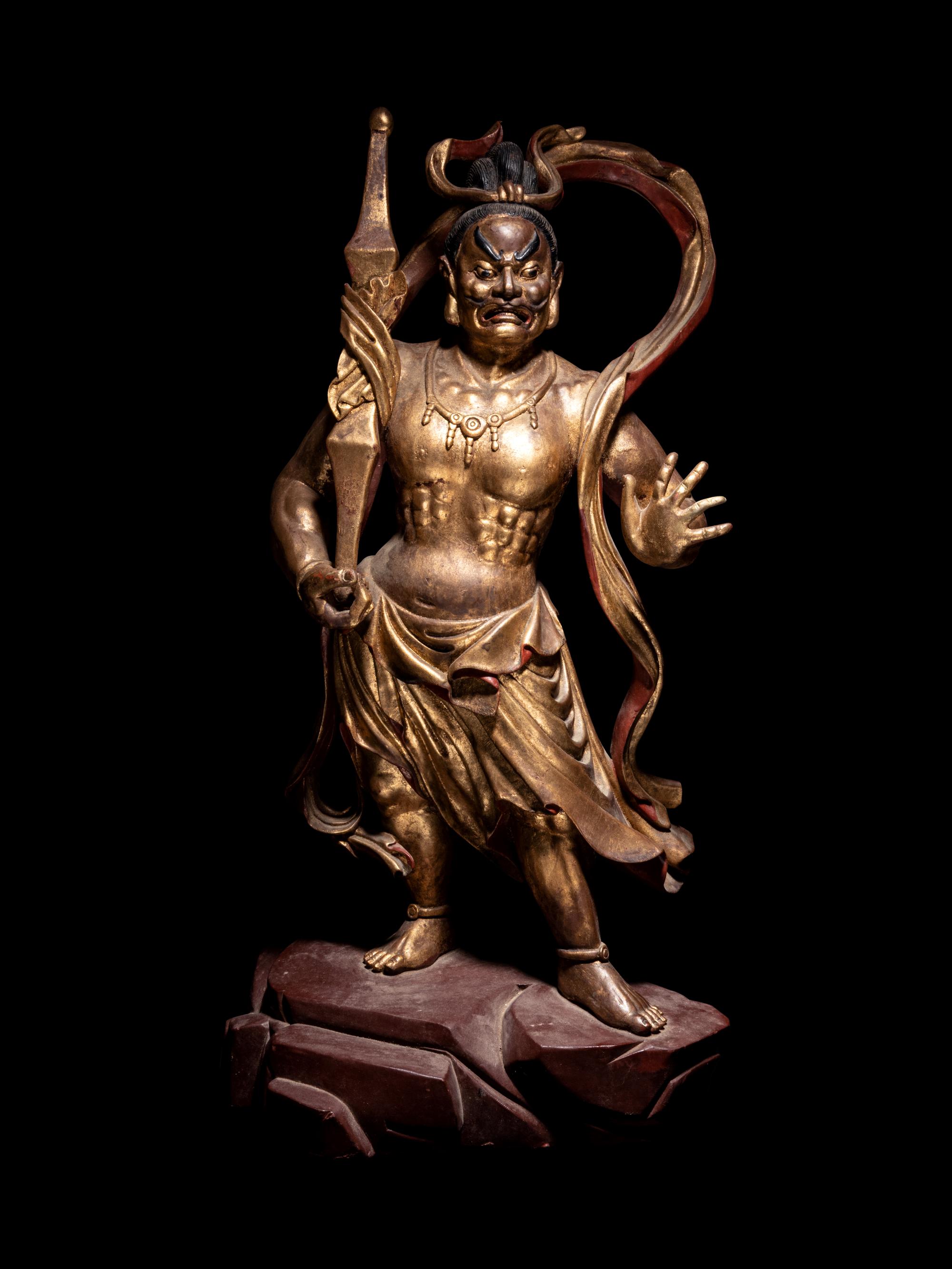 A Pair of Gilt and Red Lacquered Wood Figures of Guardians