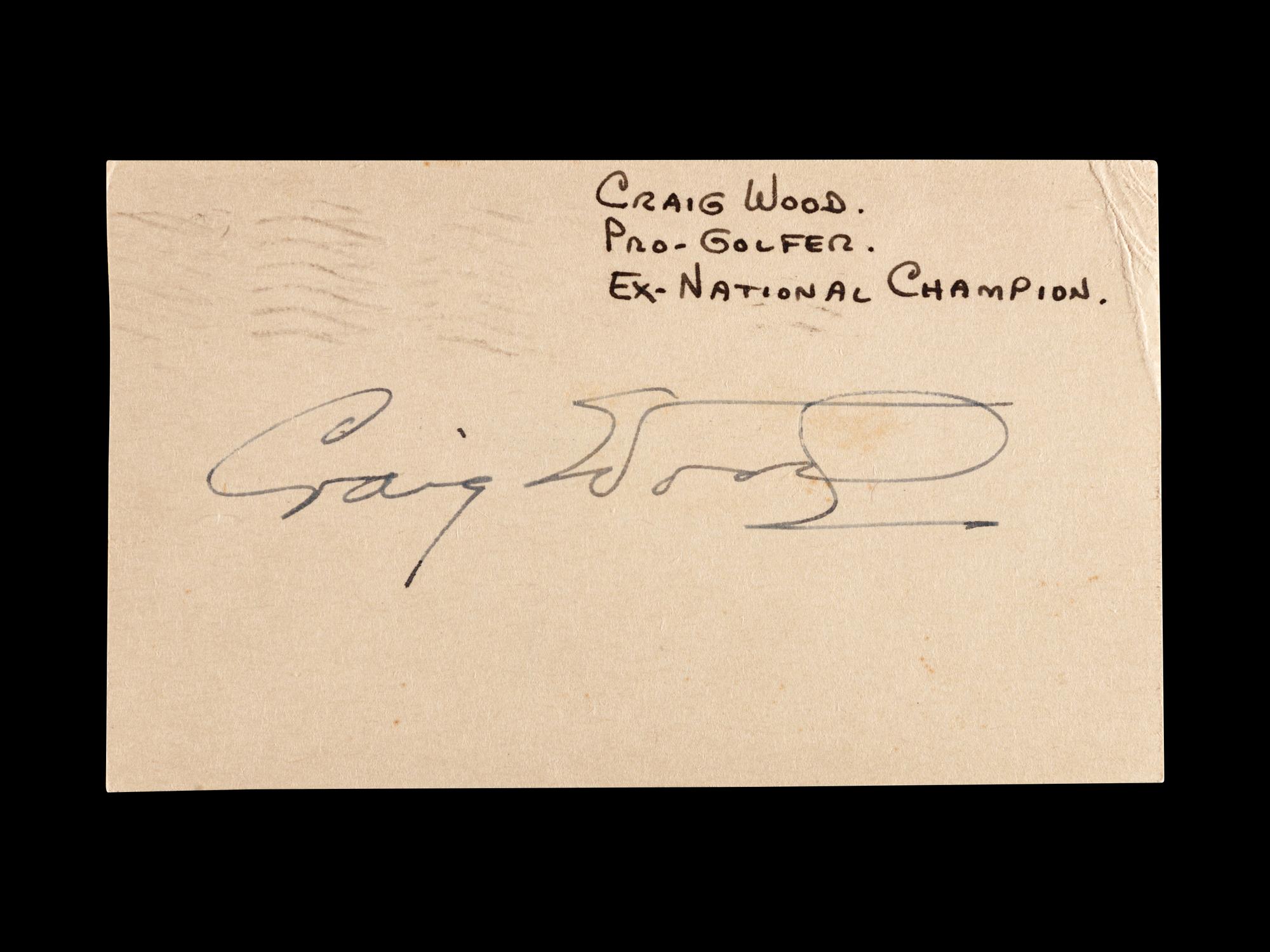 An Uncommon Signed Autograph Index Card by 1941 Masters Champion Craig Wood,
