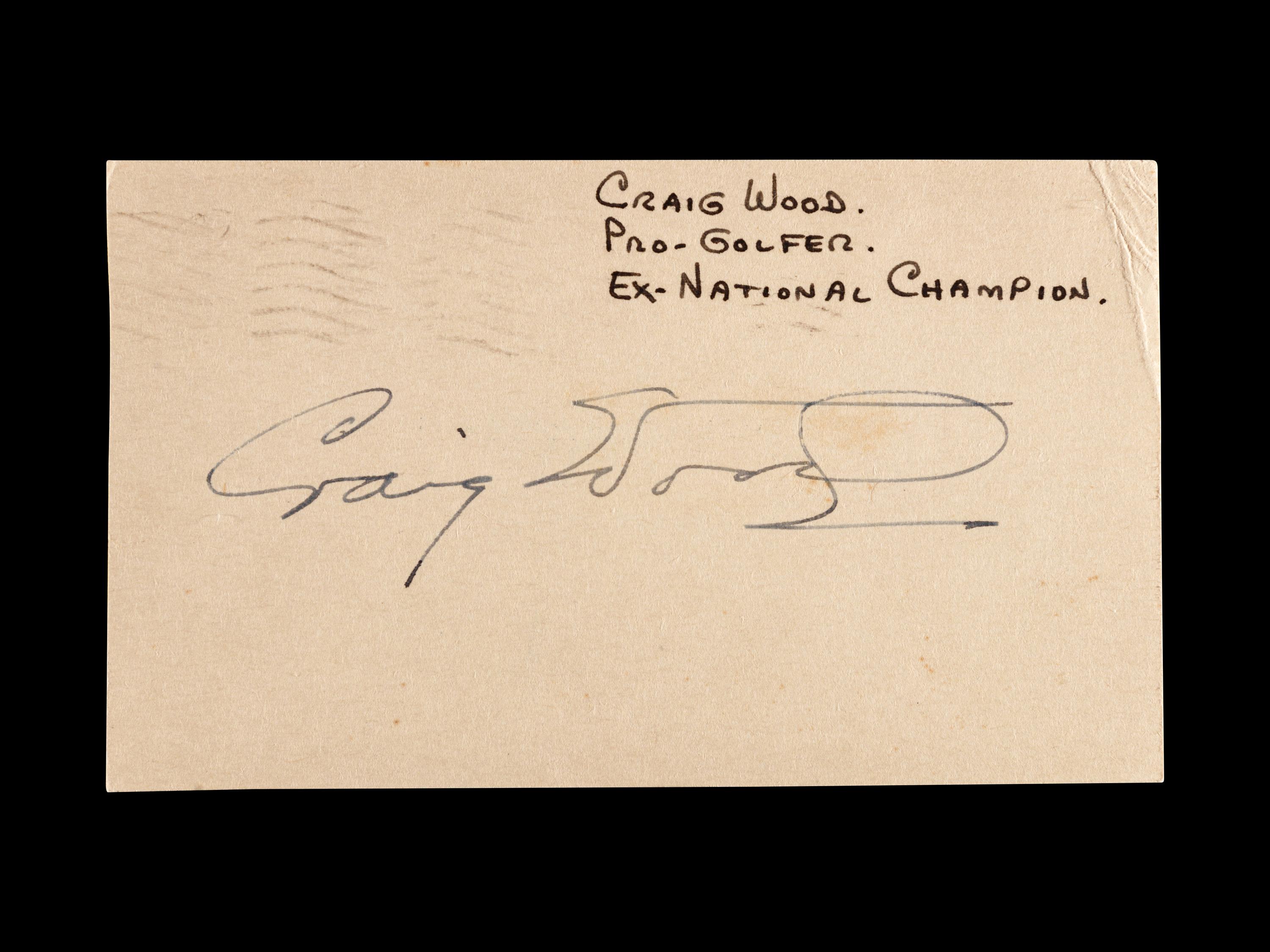 An Uncommon Signed Autograph Index Card by 1941 Masters Champion Craig Wood,