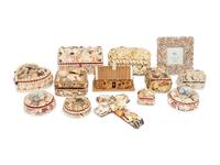 Thirteen Contemporary Shell Decorated Sailor’s Whimsy Boxes, Frame and a Cross
