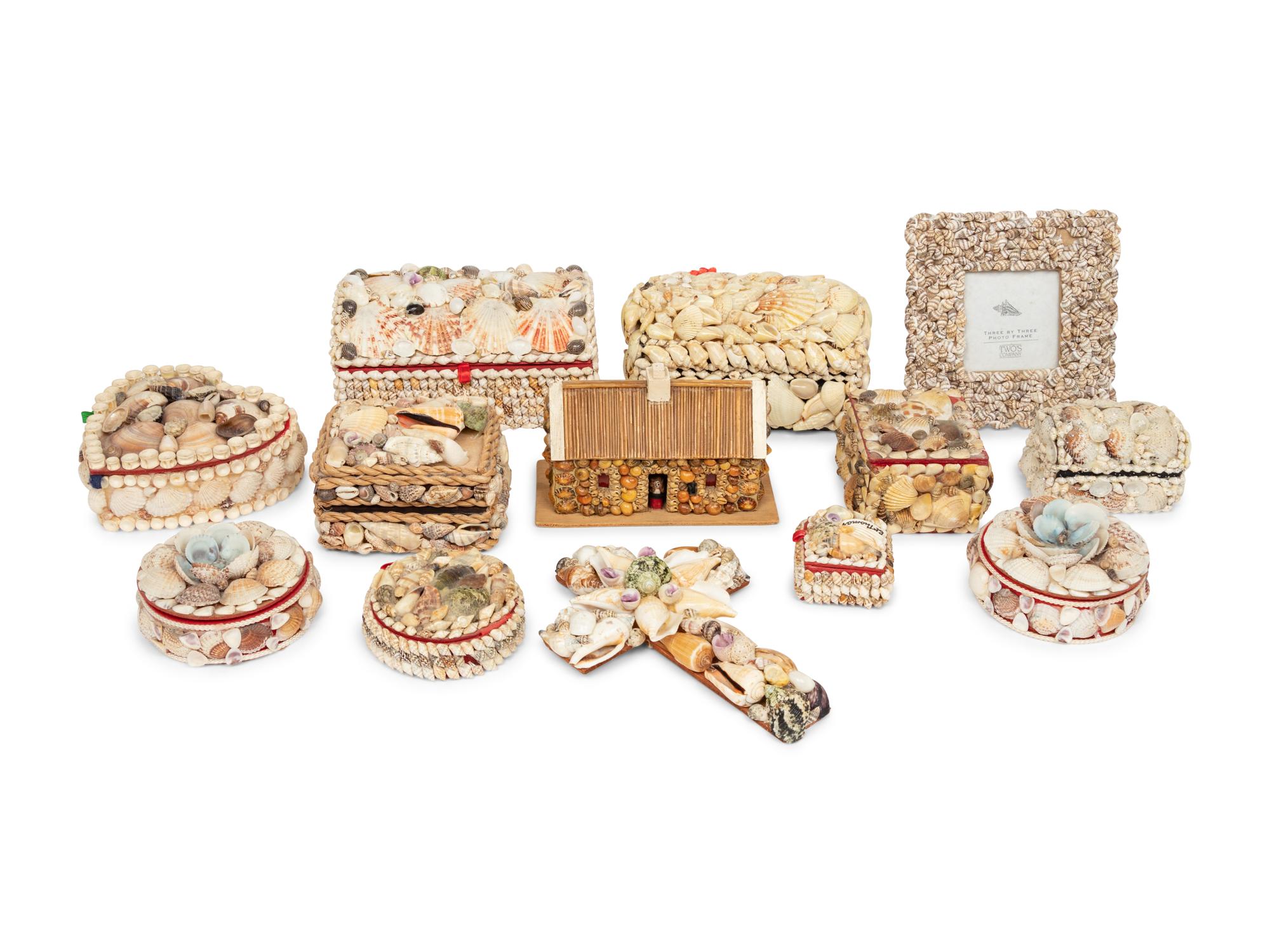 Thirteen Contemporary Shell Decorated Sailor’s Whimsy Boxes, Frame and a Cross
