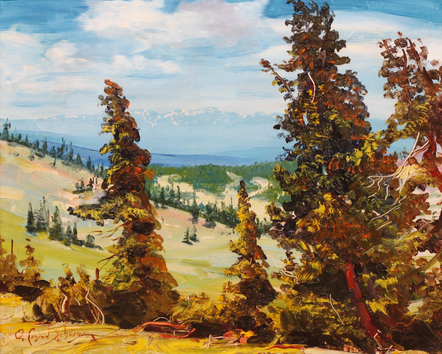O. Conrad Schwiering, (American, b.1930), View Across Valley from High Point with study of two horses near barn verso