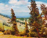 O. Conrad Schwiering, (American, b.1930), View Across Valley from High Point with study of two horses near barn verso