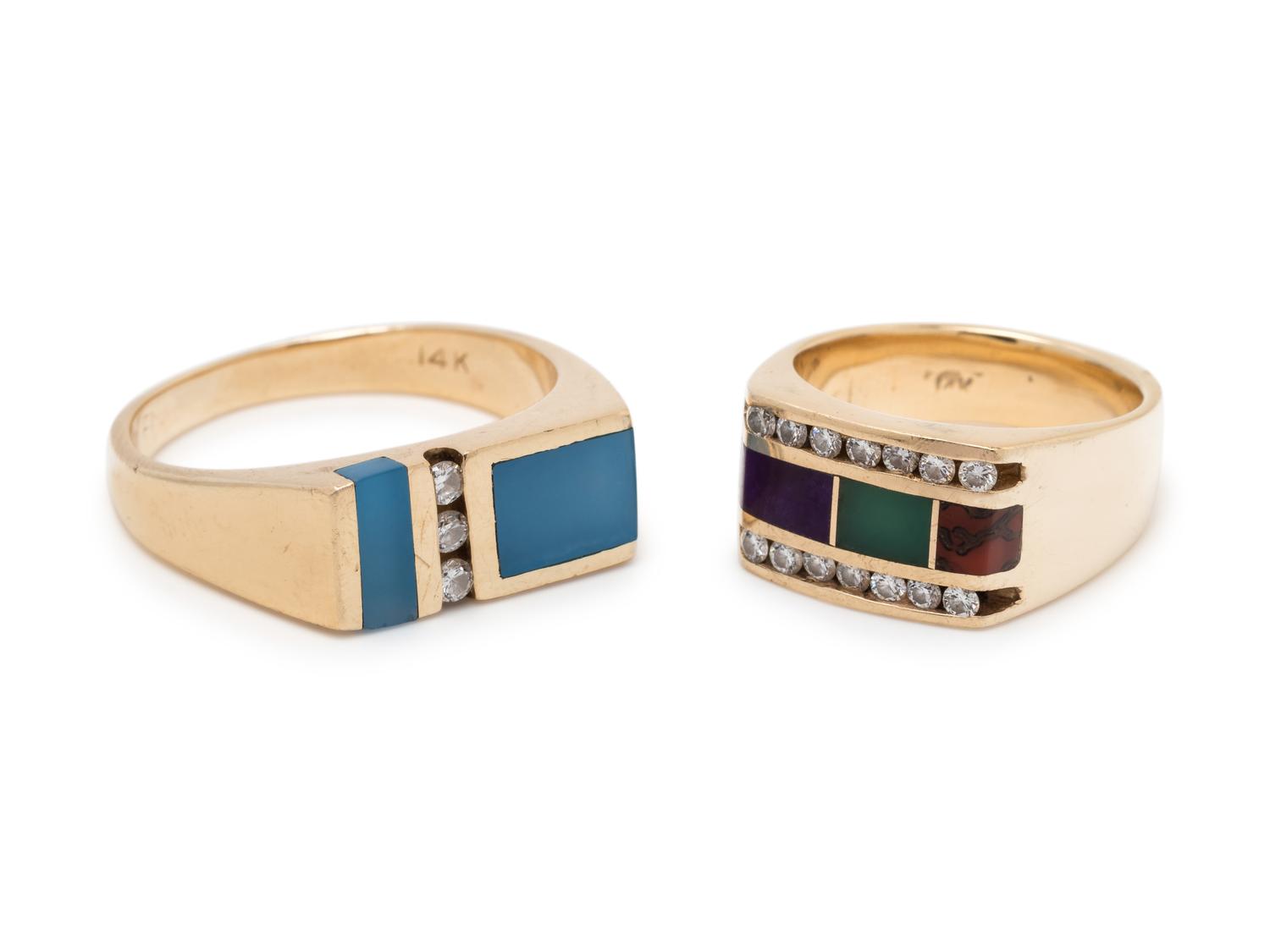 COLLECTION OF YELLOW GOLD, HARDSTONE AND DIAMOND RINGS
