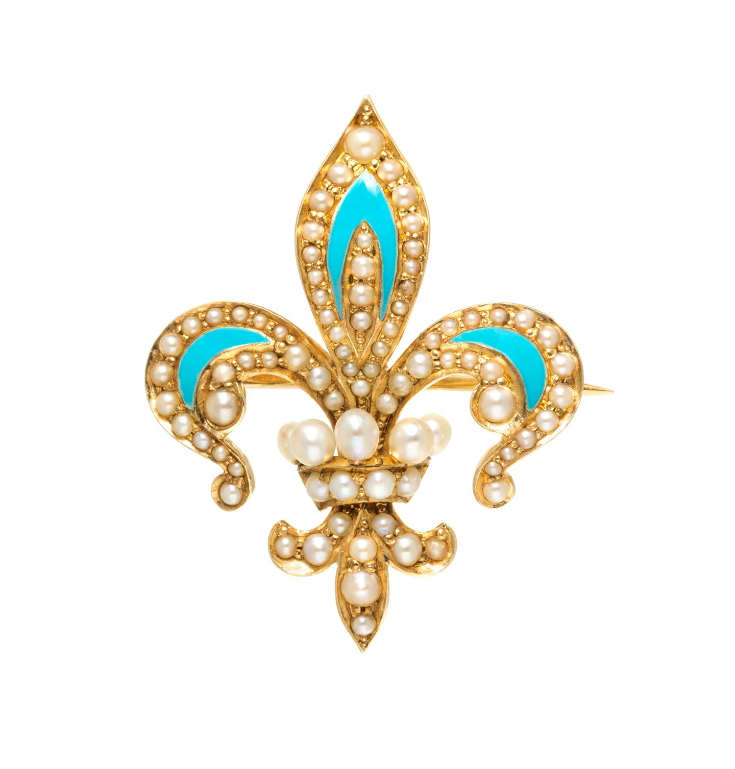 A Yellow Gold, Seed Pearl and Enamel Fleur-de-Lys Brooch, 2.70 dwts.